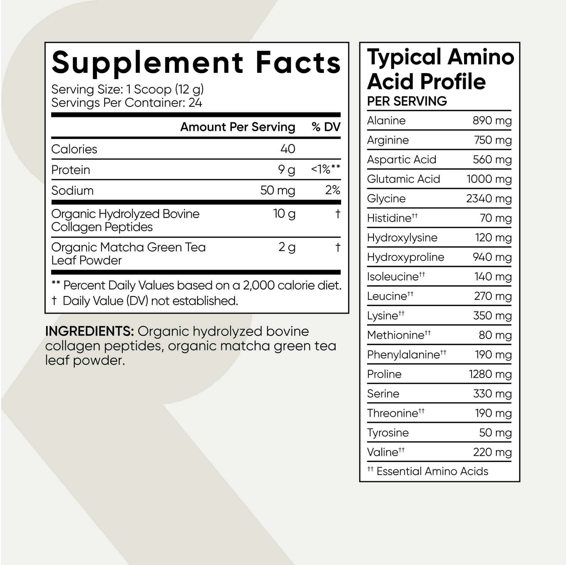 Sports Research Collagen Peptides with Matcha nutritional information