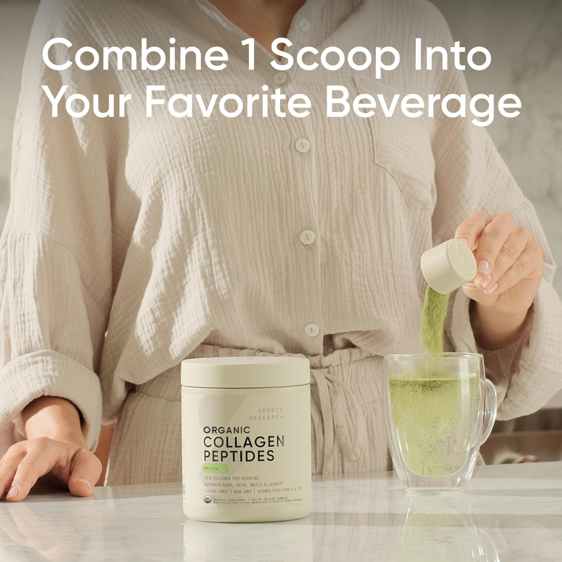 Sports Research Collagen Peptides with Matcha side view packaging