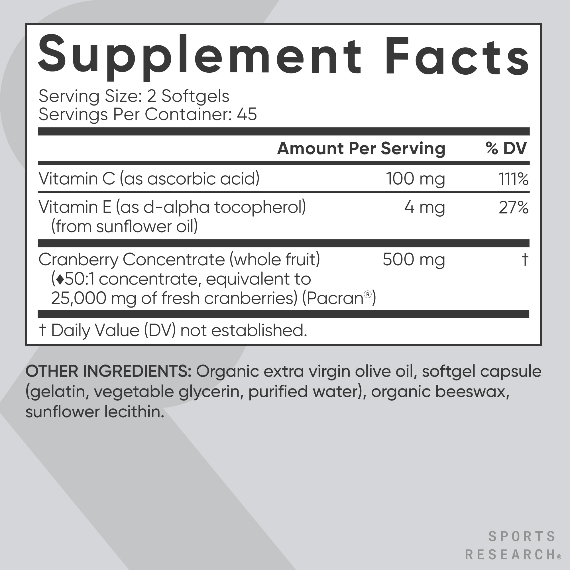 Sports Research Cranberry Concentrate 500mg Softgels with Vitamin C and E