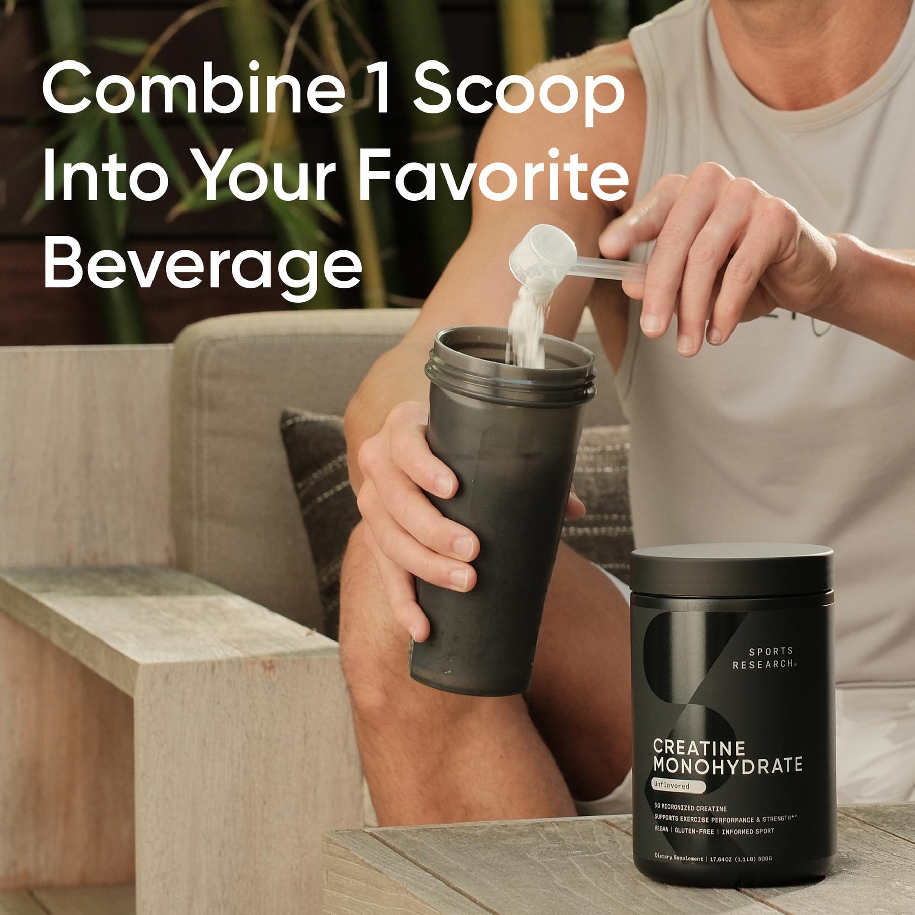 Sports Research Creatine Monohydrate Powder 300g scoop with powder