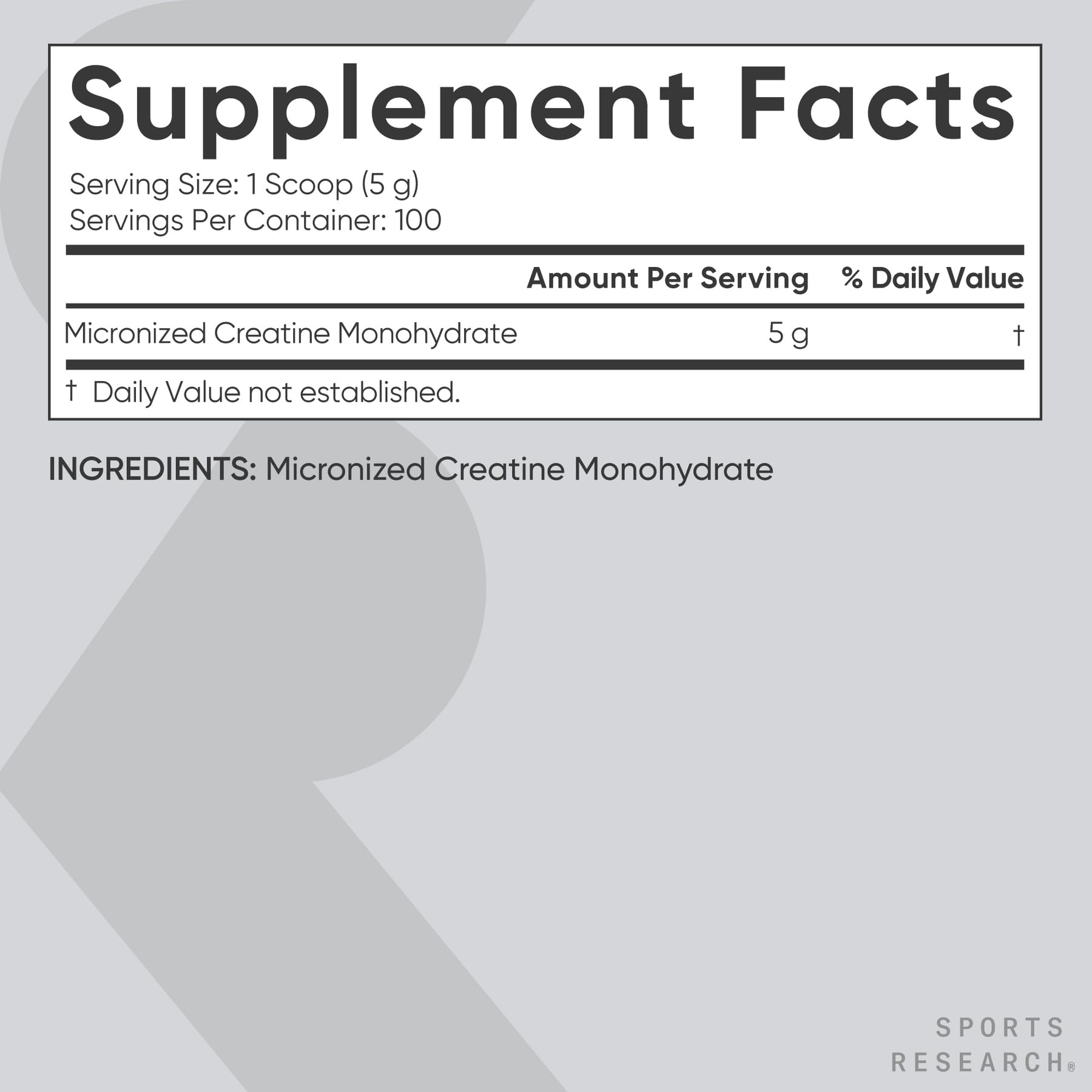 Sports Research Creatine Monohydrate Powder 599g nutritional information