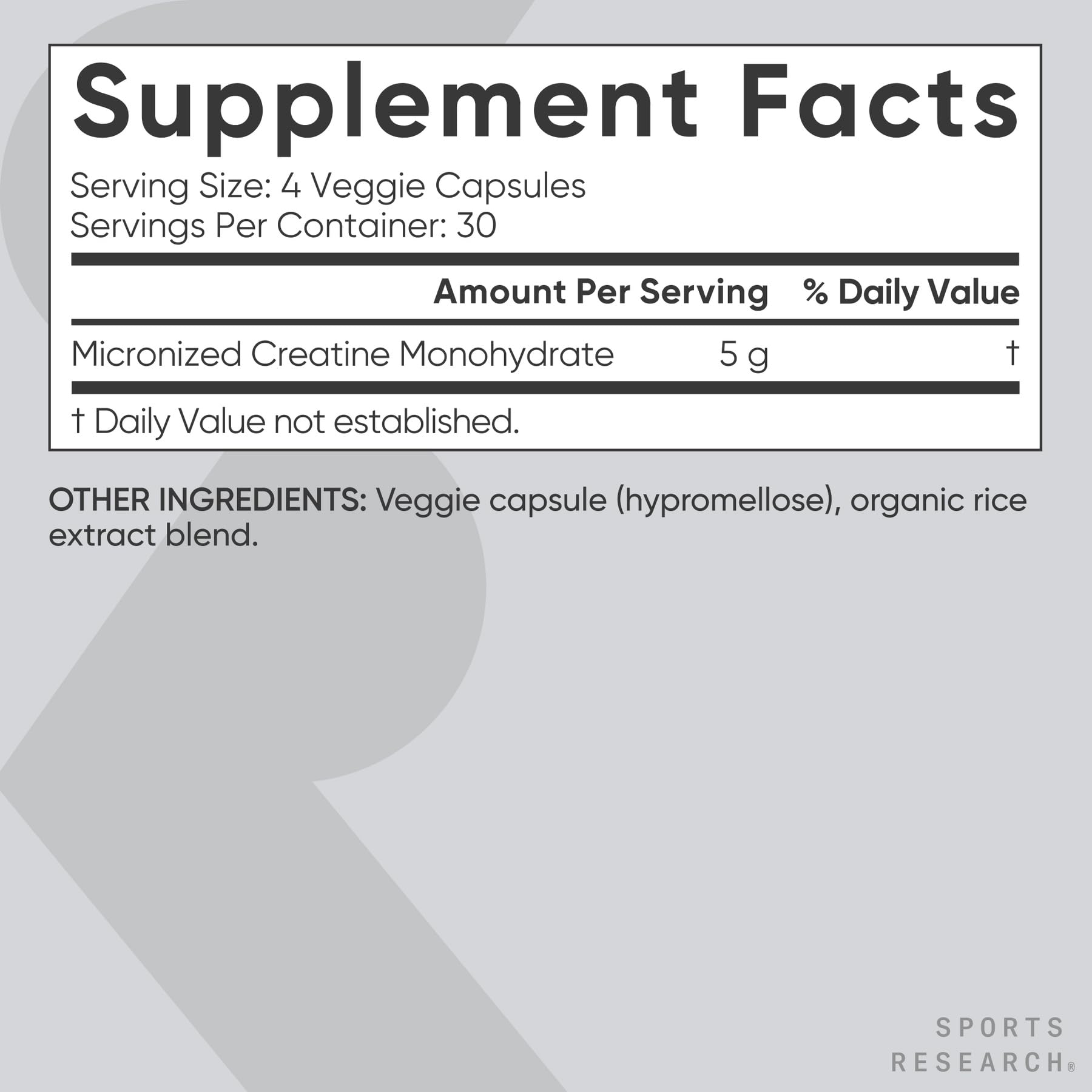 Sports Research Creatine Monohydrate Powder 5g Capsules on a gym bench