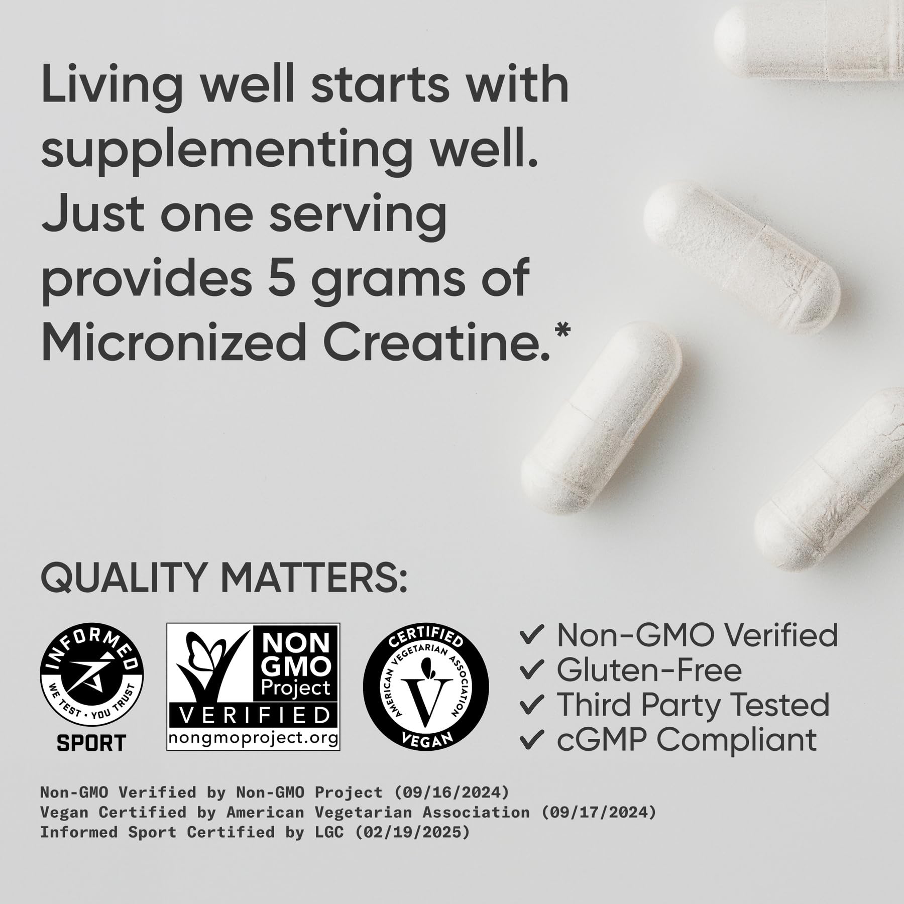 Sports Research Creatine Monohydrate Powder 5g Capsules with dosage information