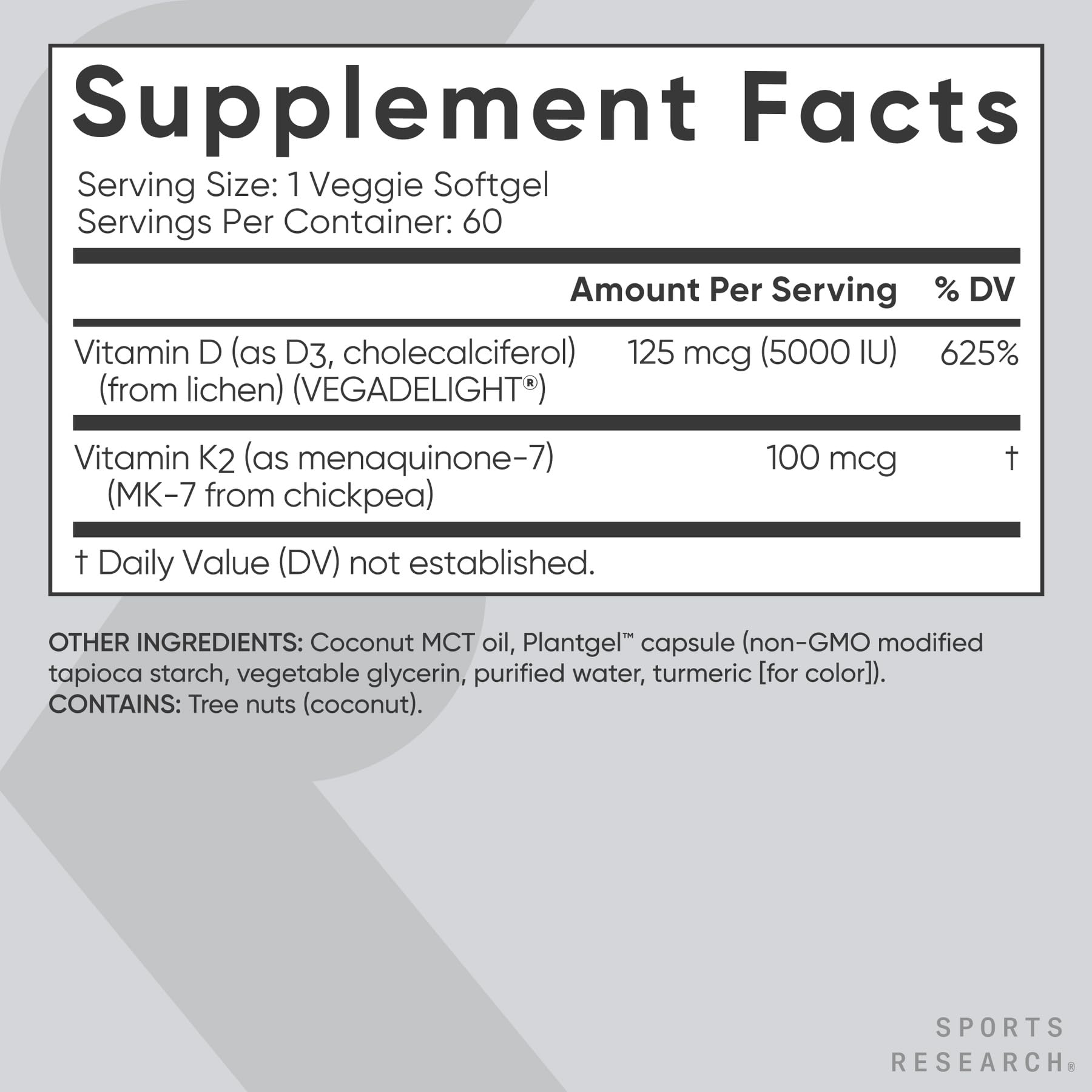 Sports Research D3 + K2 Softgels with coconut MCT oil