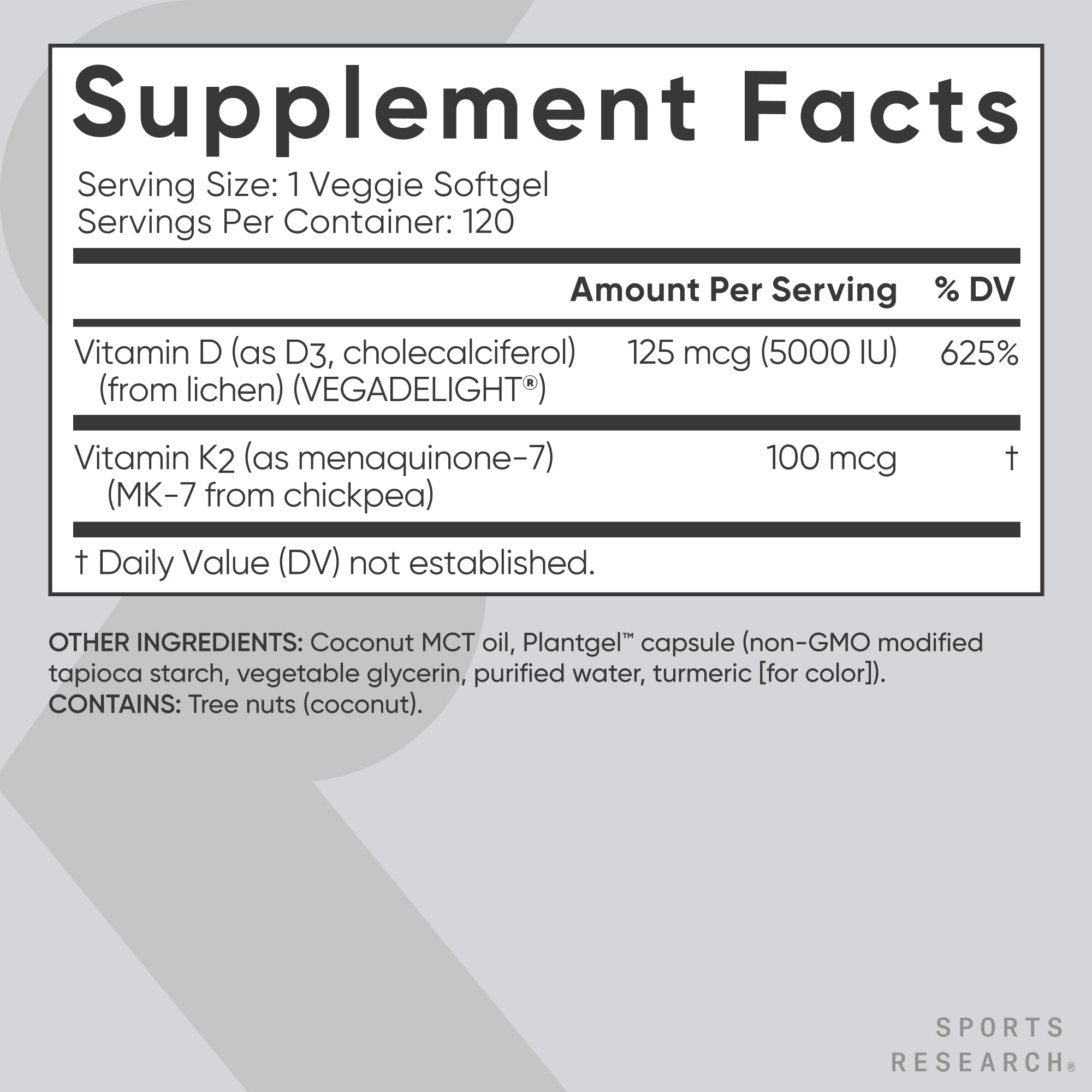 Sports Research D3 + K2 Vegan Softgels with coconut oil