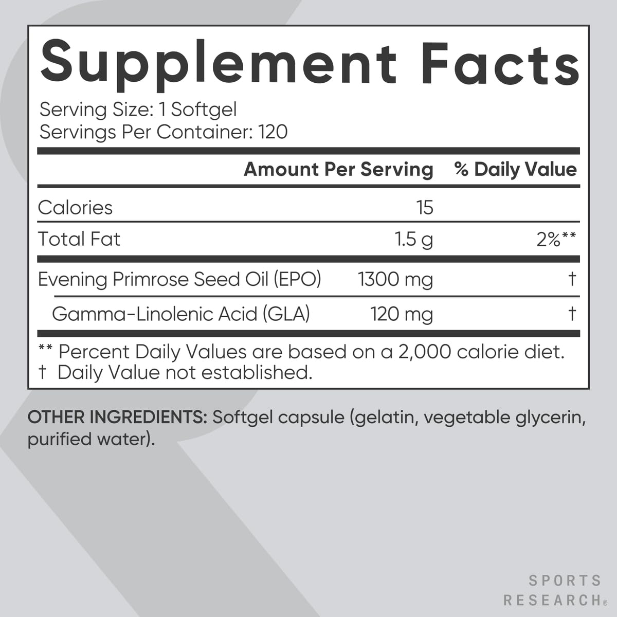 Sports Research Evening Primrose Oil 1300mg softgel back view
