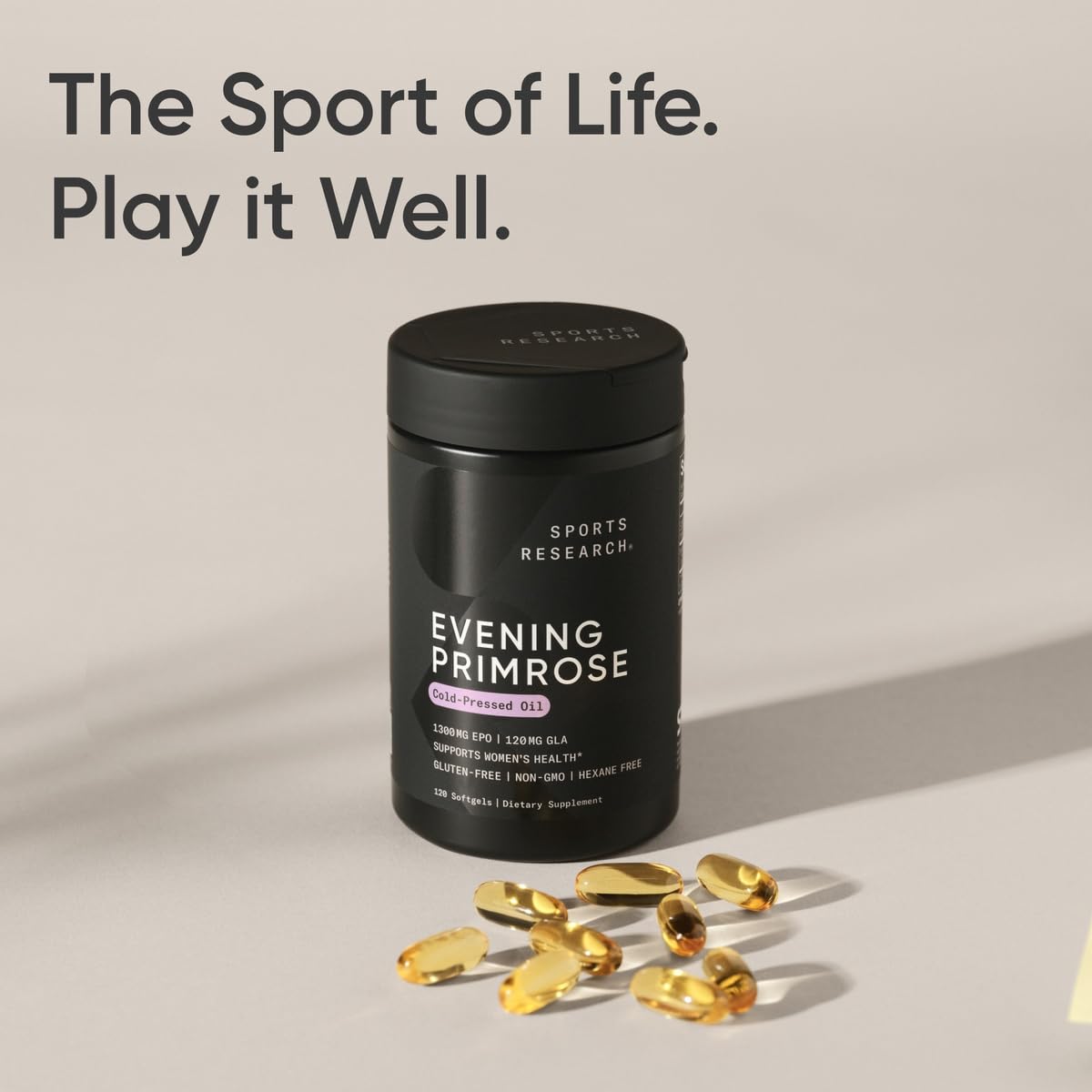 Sports Research Evening Primrose Oil 1300mg softgel on a wooden table