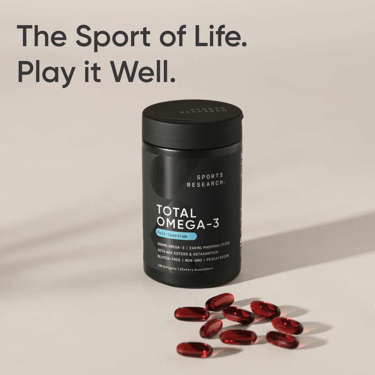 Sports Research Krill Oil Omega-3 Supplement softgel bottle with measuring spoon