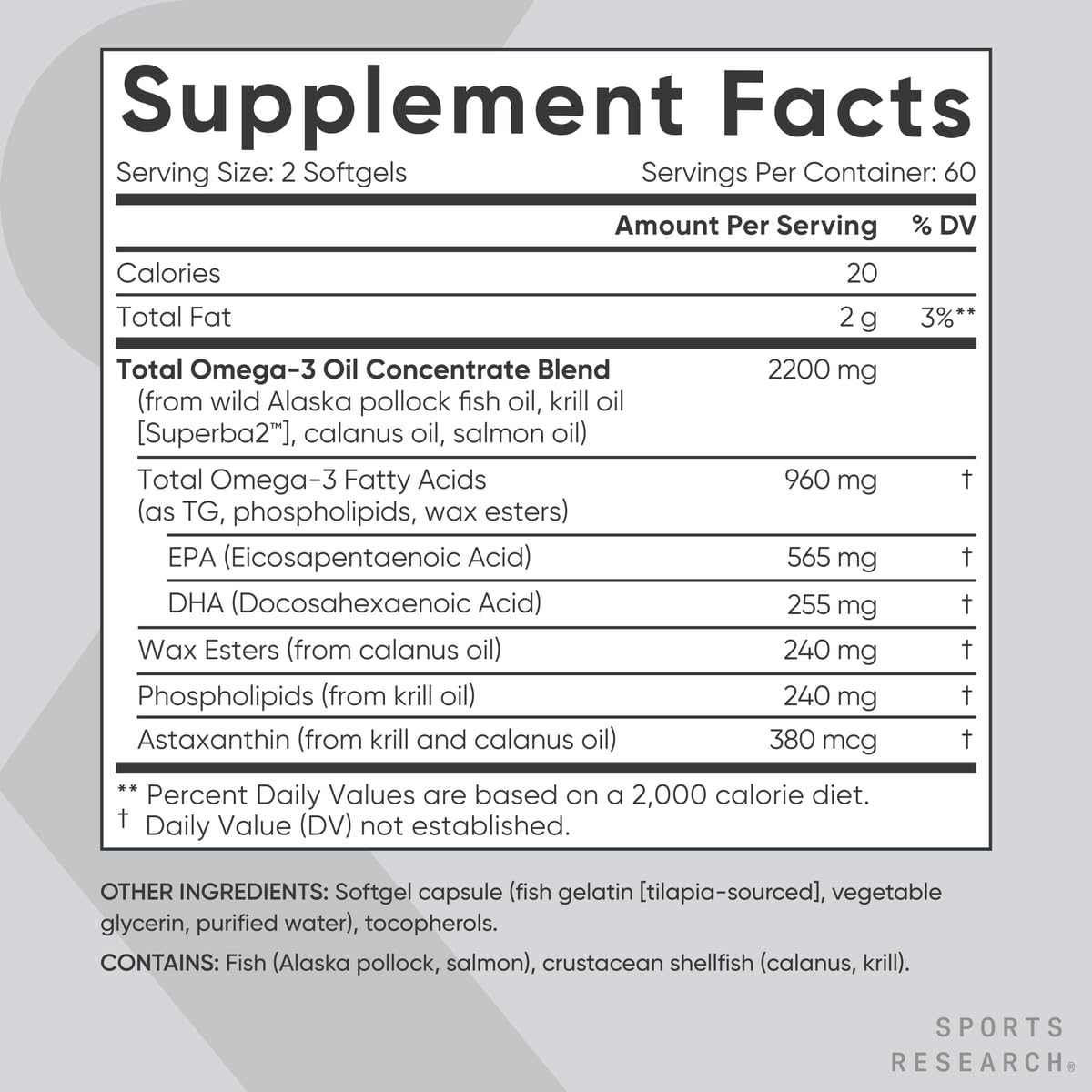 Sports Research Krill Oil Omega-3 Supplement softgels on a wooden table