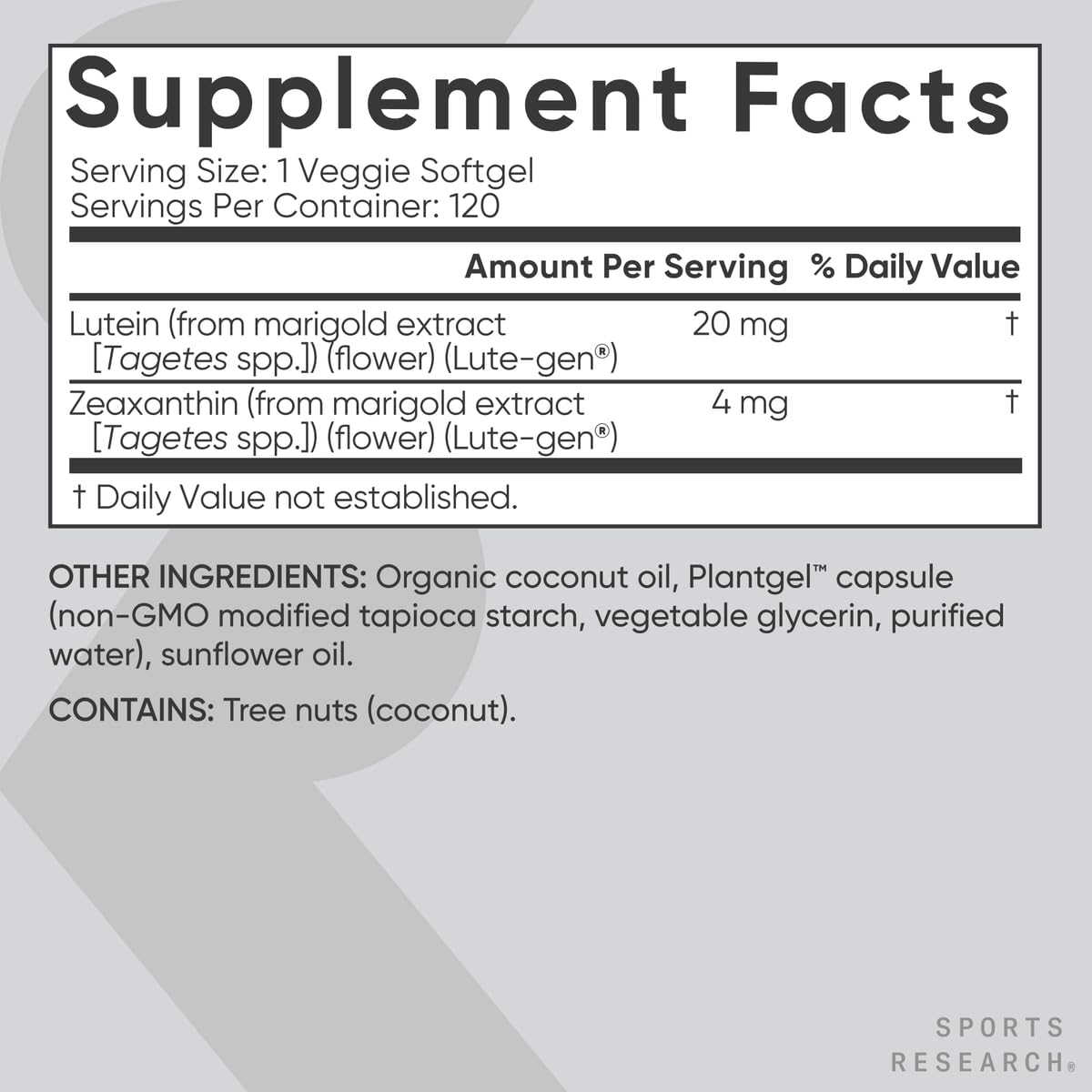 Sports Research Lutein + Zeaxanthin 20mg supplement facts label