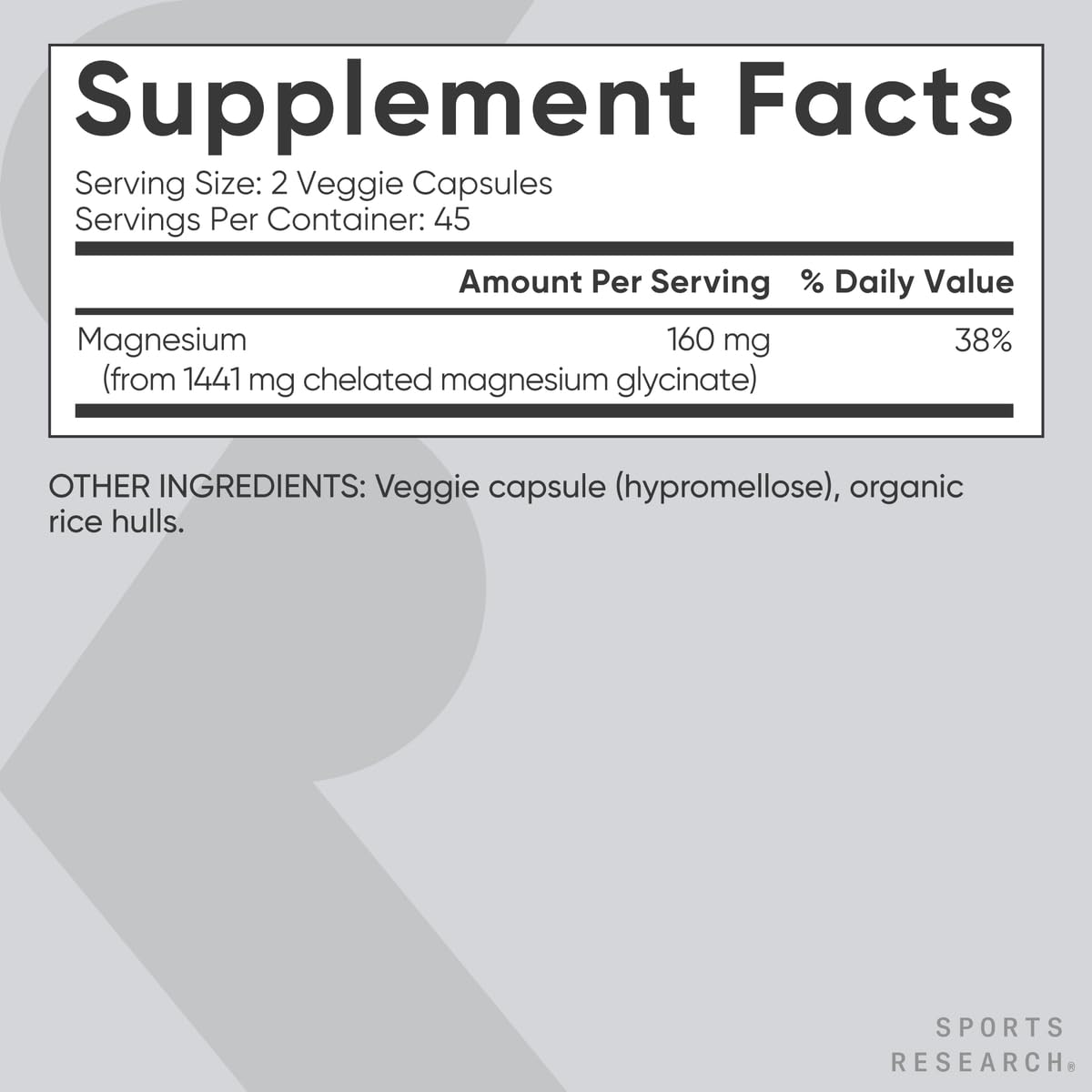 Sports Research Magnesium Glycinate 160mg vegan capsules back label