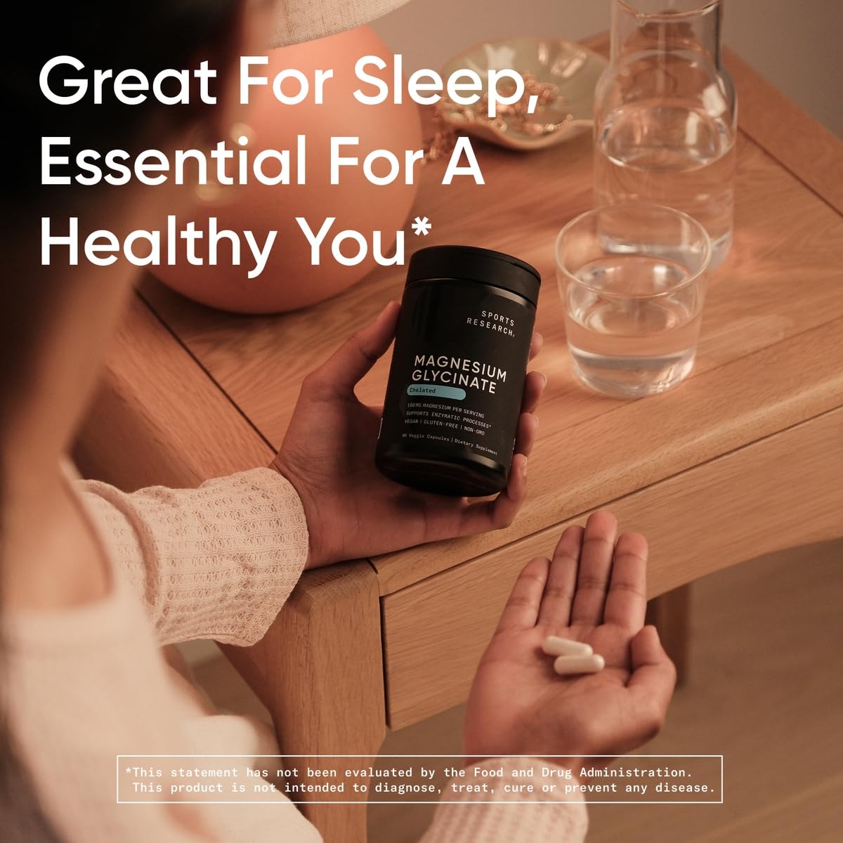 Sports Research Magnesium Glycinate 160mg vegan capsules with a glass of water