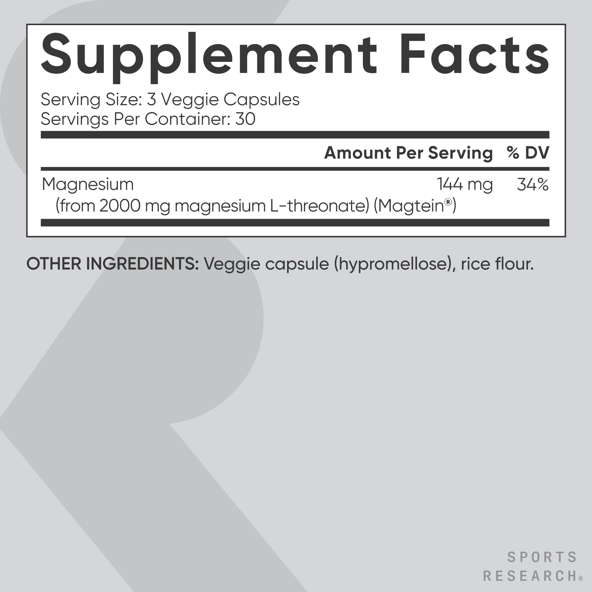 Sports Research Magnesium L-Threonate capsules on a wooden surface