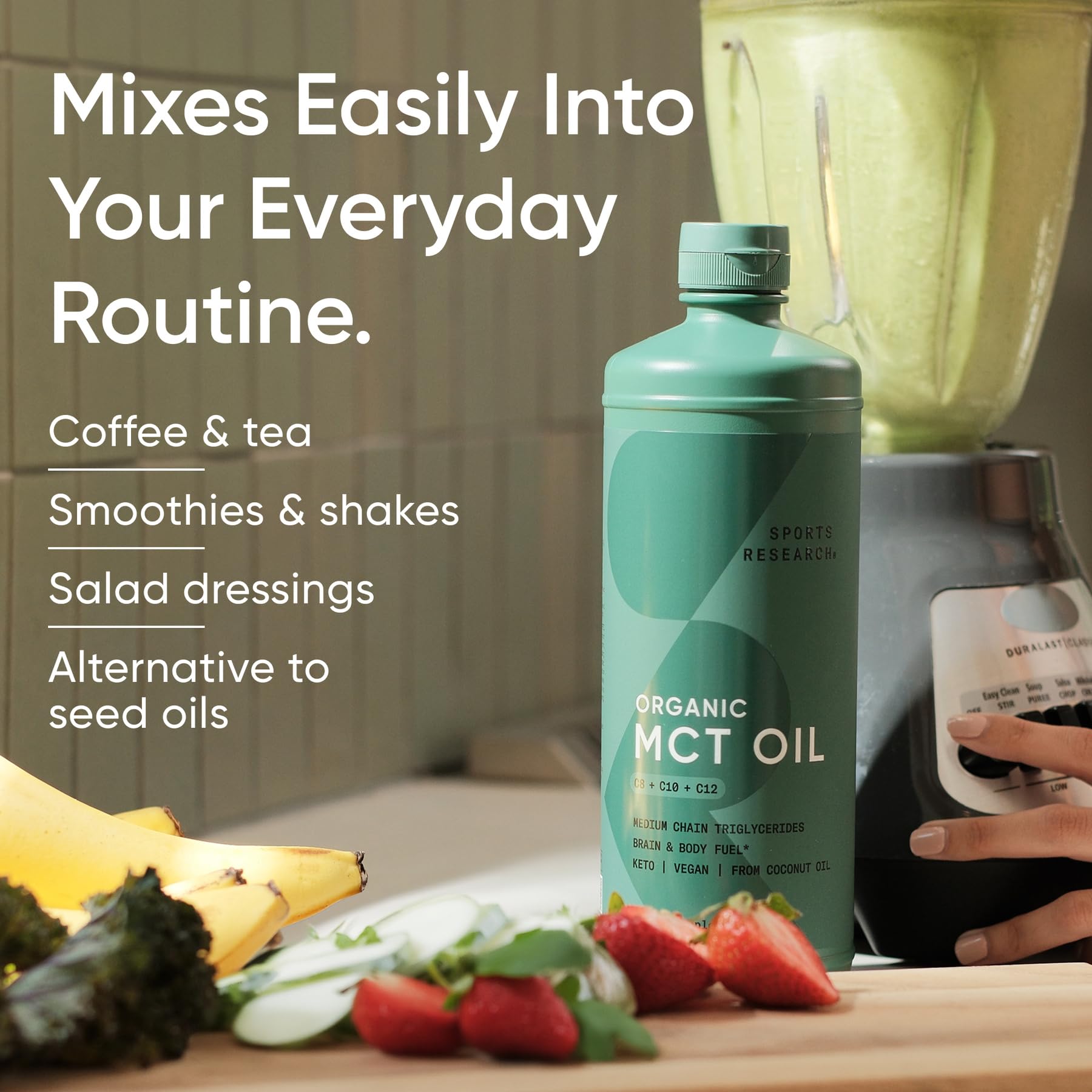 Sports Research MCT Oil 494g alongside coffee and blender