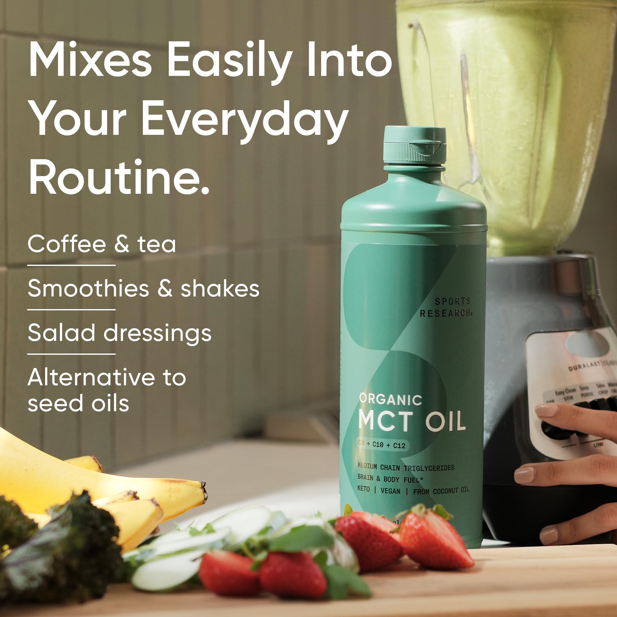 Sports Research MCT Oil 494g pouring into a measuring spoon