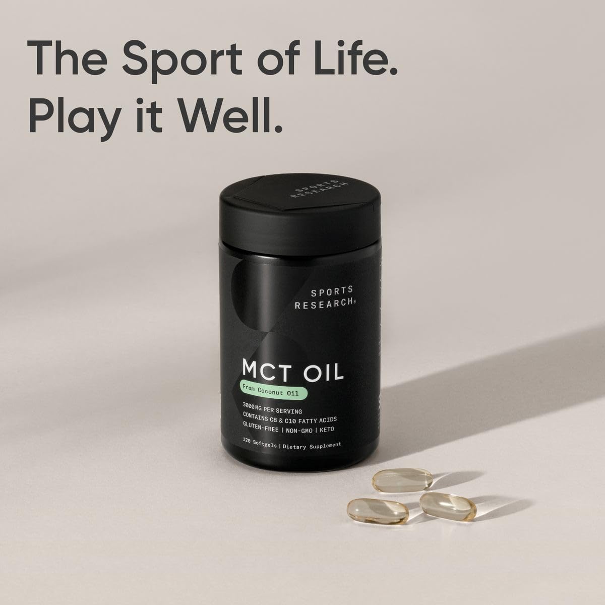 Sports Research MCT Oil Softgels with coconut oil background