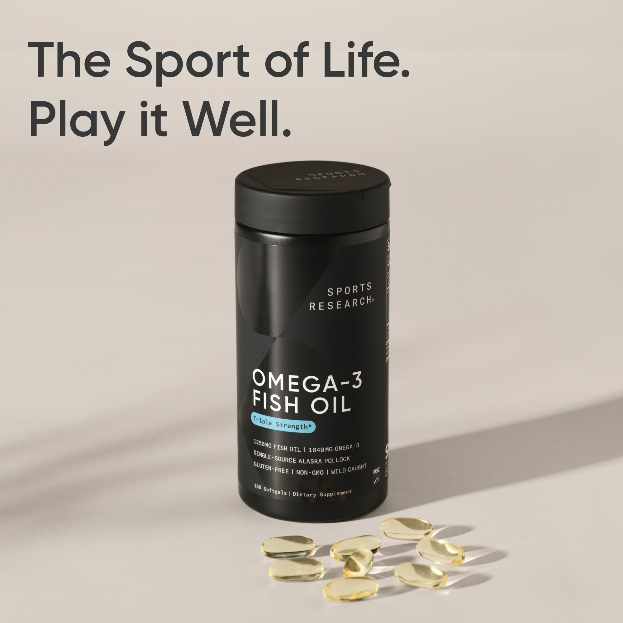 Sports Research Omega-3 Fish Oil 1250mg softgel on a wooden table