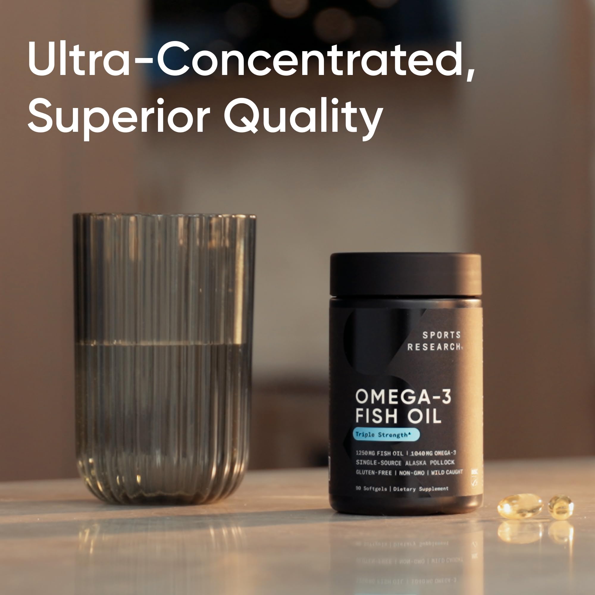 Sports Research Omega-3 Fish Oil softgel displayed with ingredients