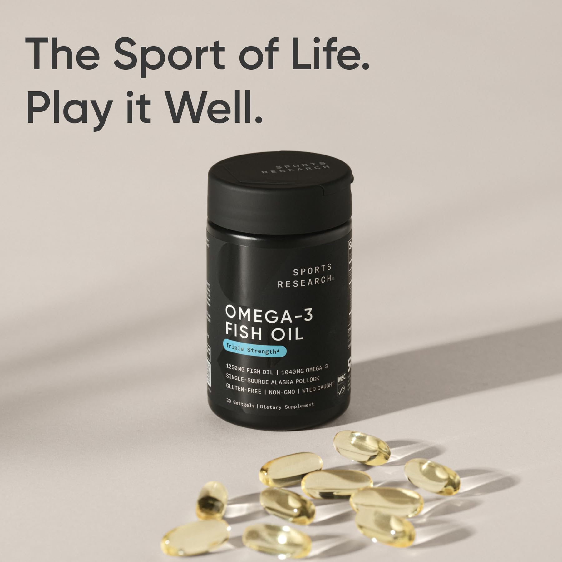 Sports Research Omega-3 Fish Oil softgel in lifestyle setting