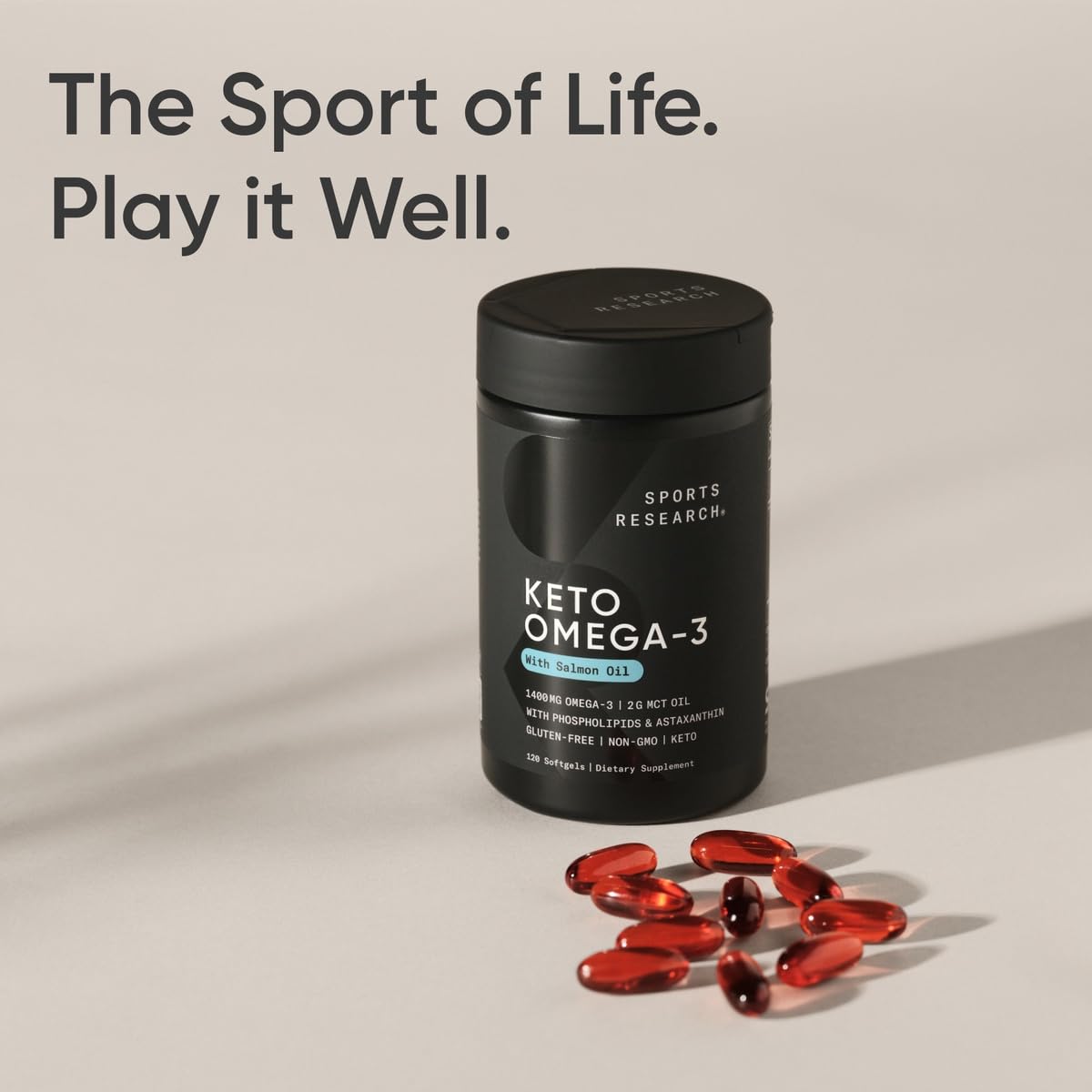 Sports Research Omega-3 Fish Oil Supplement side view with softgels