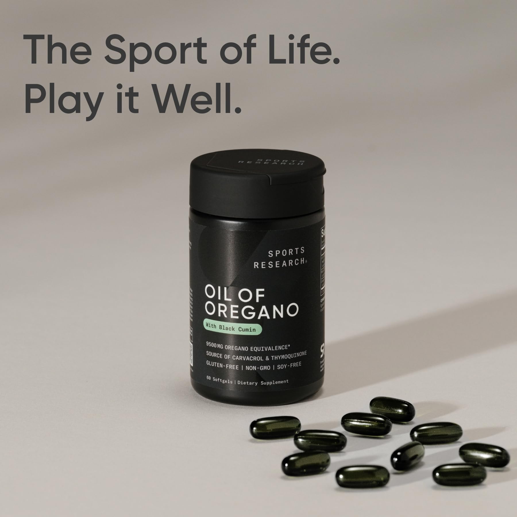Sports Research Oregano Oil & Black Cumin Seed Oil Softgels with measuring spoon