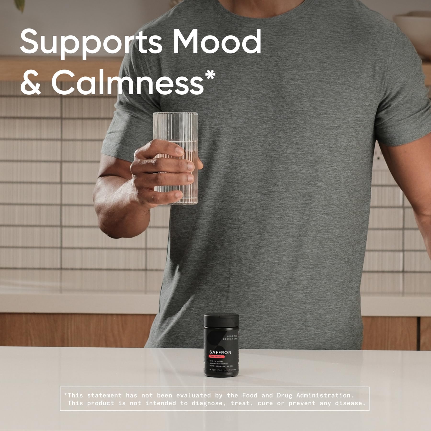 Sports Research Saffron Supplement 30mg bottle with a measuring spoon