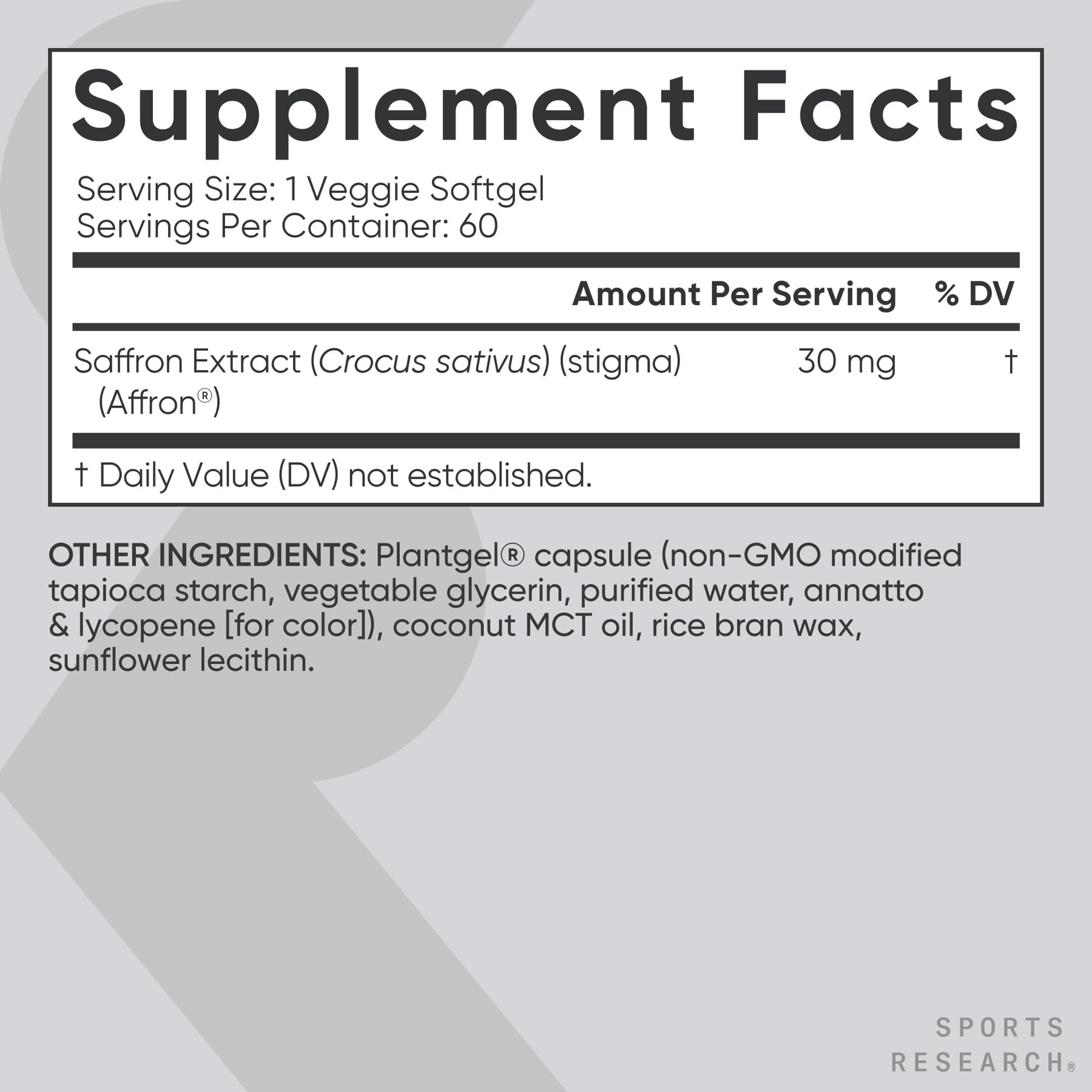 Sports Research Saffron Supplement 30mg capsule ingredients list