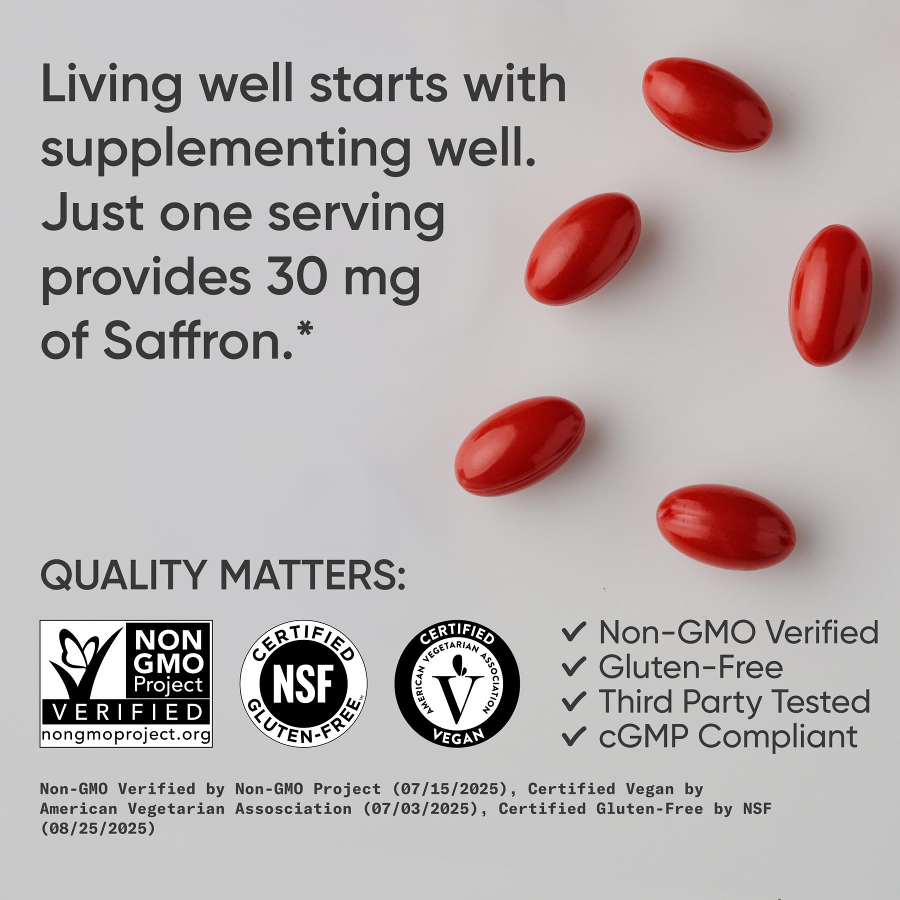 Sports Research Saffron Supplement 30mg capsules on a wooden surface