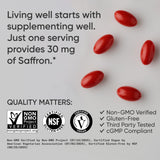 Sports Research Saffron Supplement 30mg capsules on a wooden surface