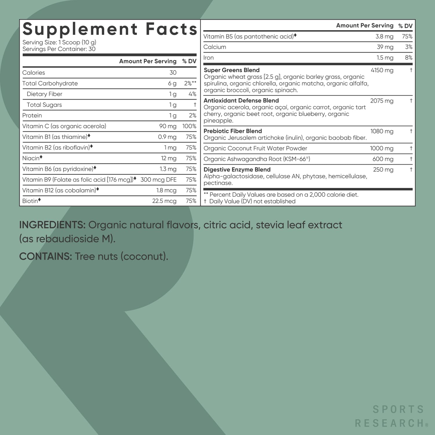 Sports Research Spirulina Greens Powder nutritional information
