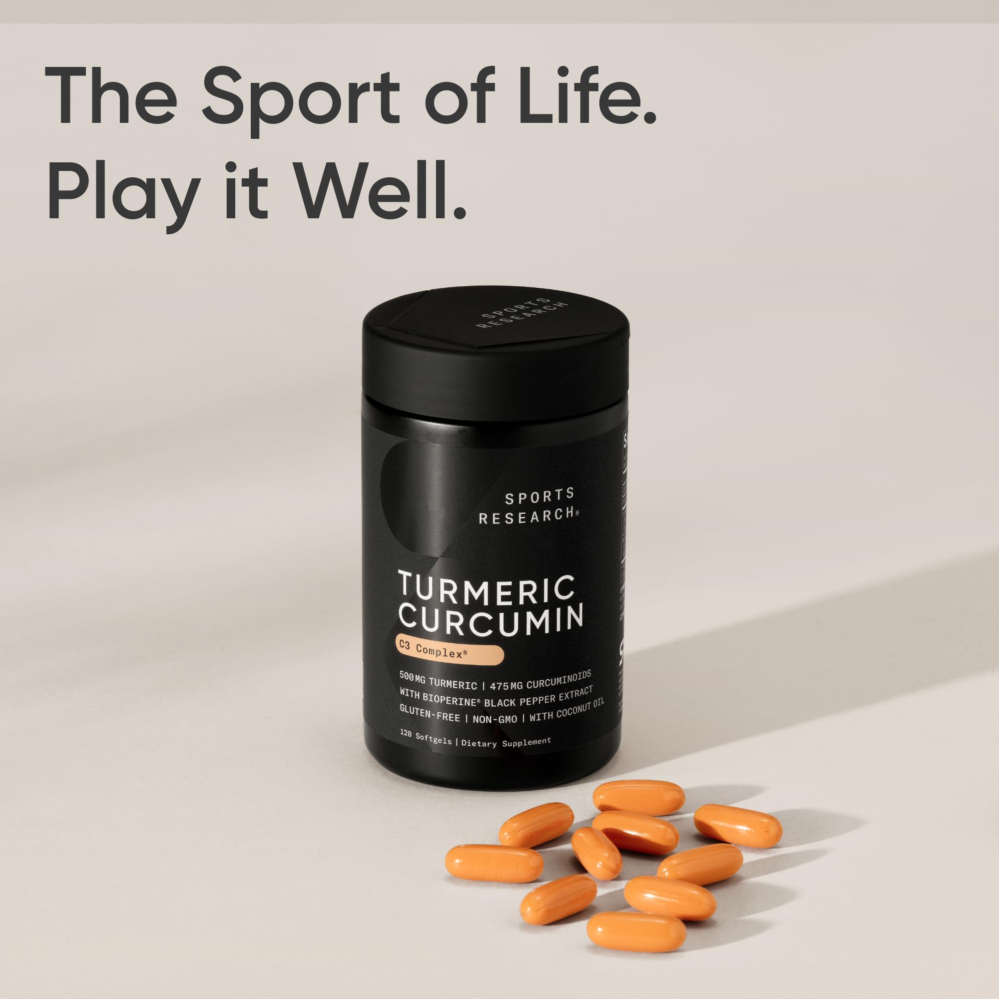 Sports Research Turmeric Curcumin 500mg softgels on wooden table