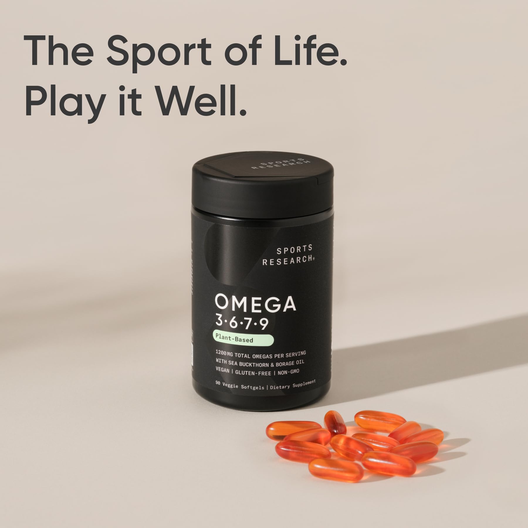 Sports Research Vegan Omega 3-6-7-9 Supplement softgel in hand