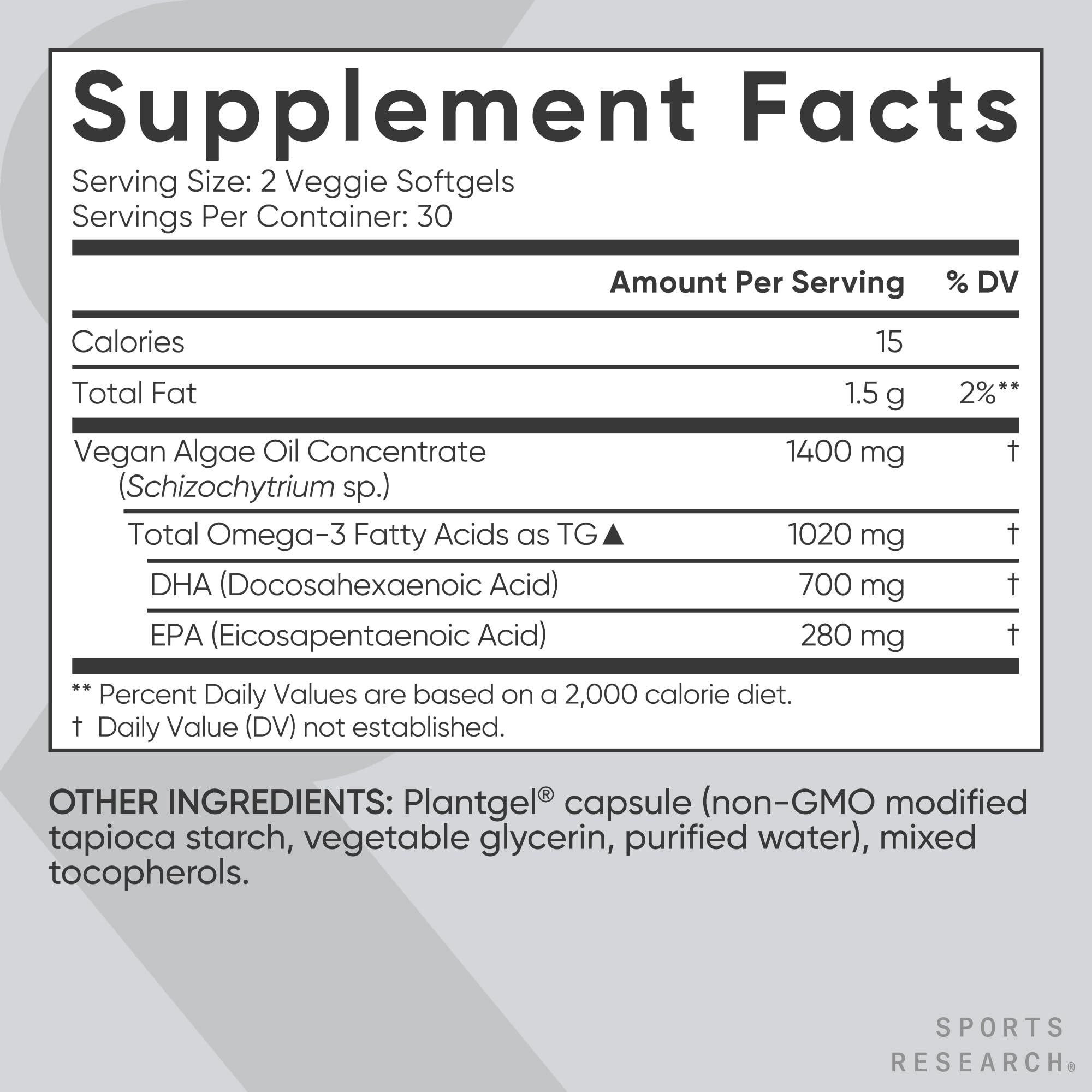 Sports Research Vegan Omega-3 Algae Oil 770mg supplement facts