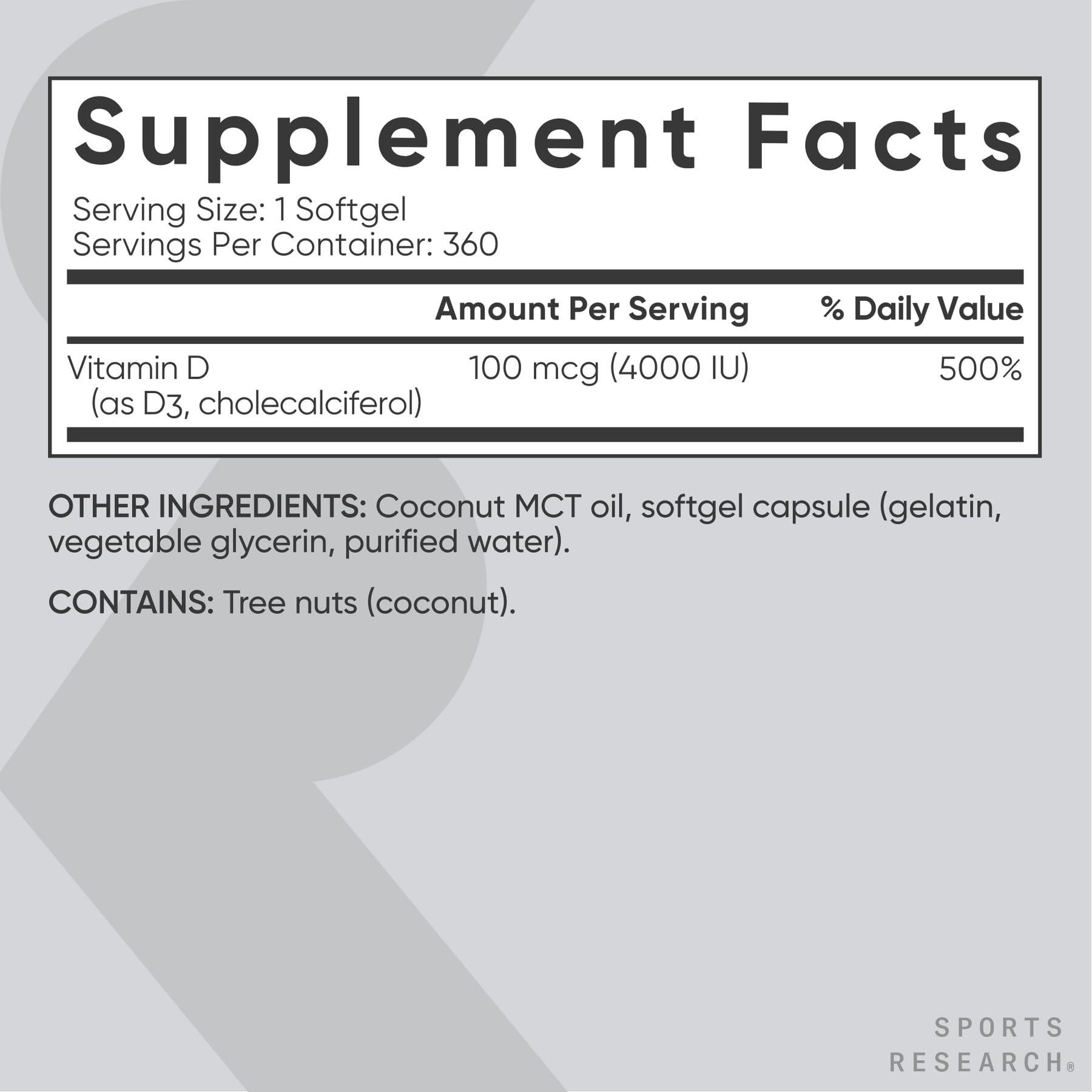 Sports Research Vitamin D3 nutritional information