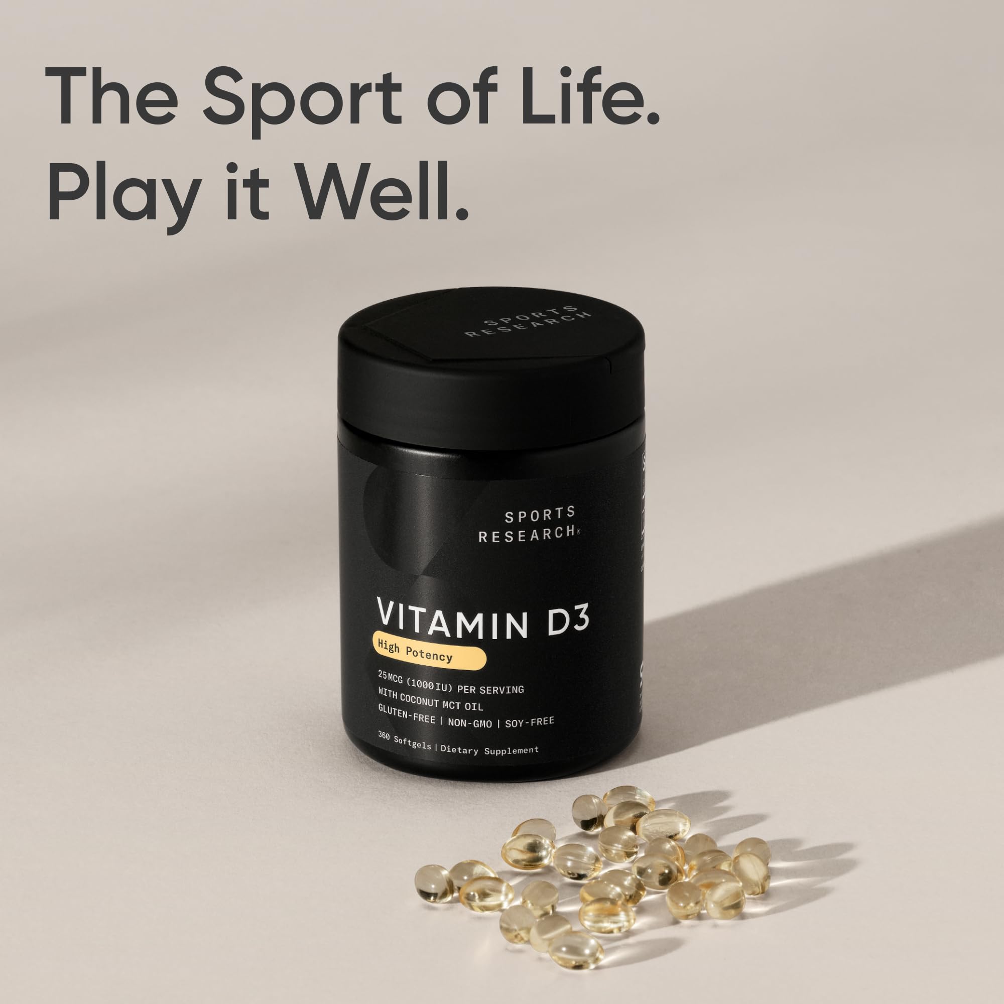 Sports Research Vitamin D3 Softgels alongside other vitamins