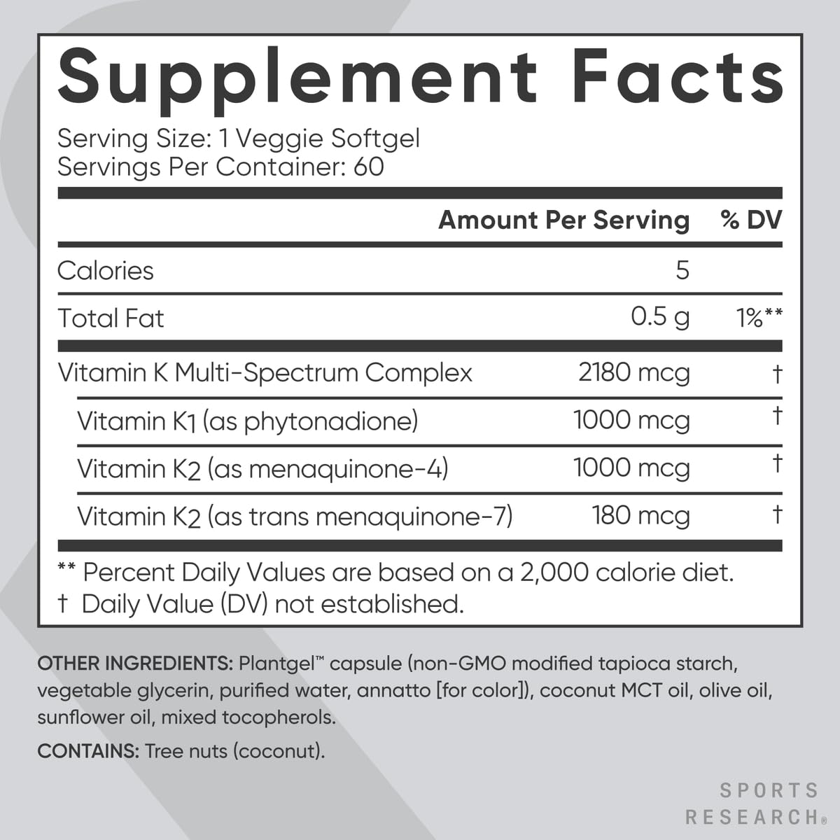 Sports Research Vitamin K Multi-Spectrum 1000mcg K1 + K2 Capsules in hand