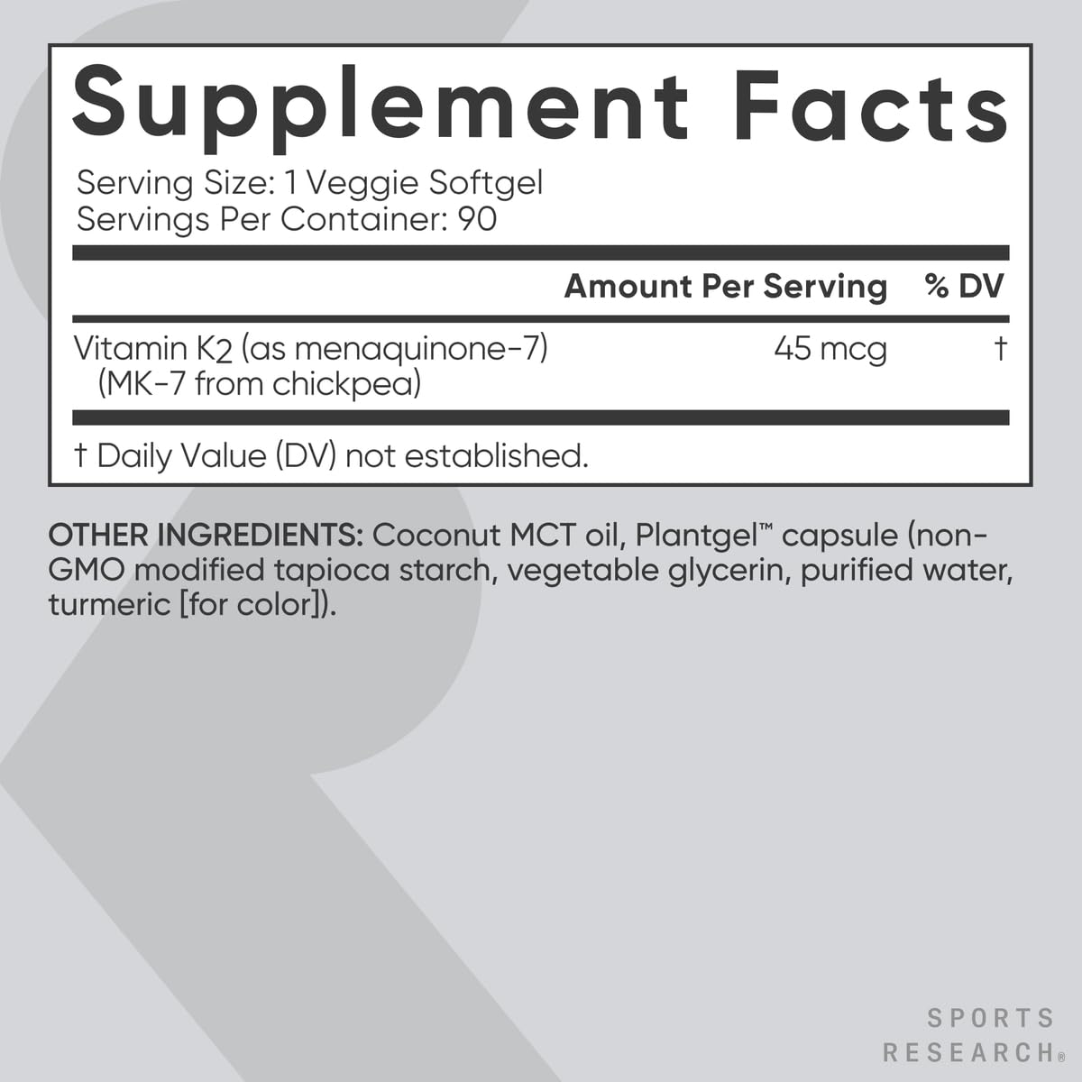 Sports Research Vitamin K2 45mcg vegan softgel back view