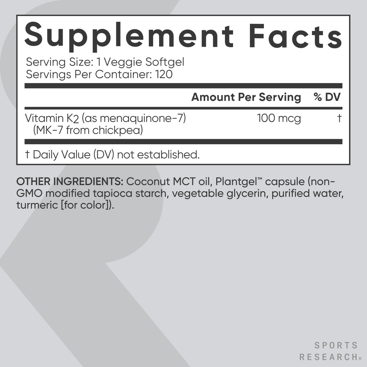 Sports Research Vitamin K2 Menaquinone-7 vegan softgel back view