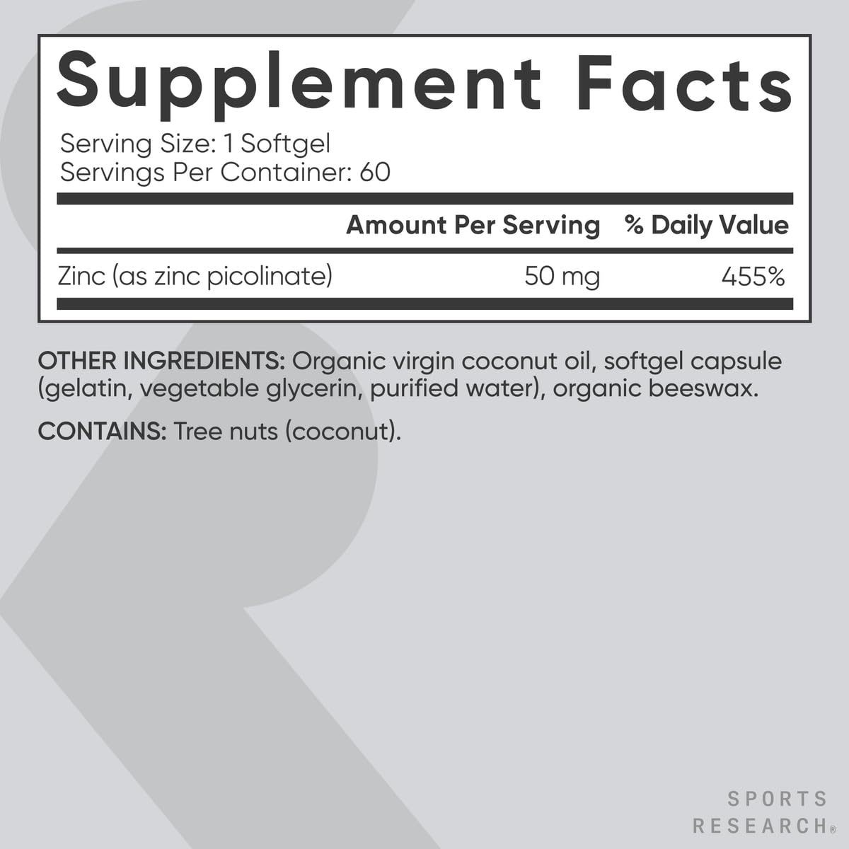 Sports Research Zinc Picolinate 50mg Softgels label close-up