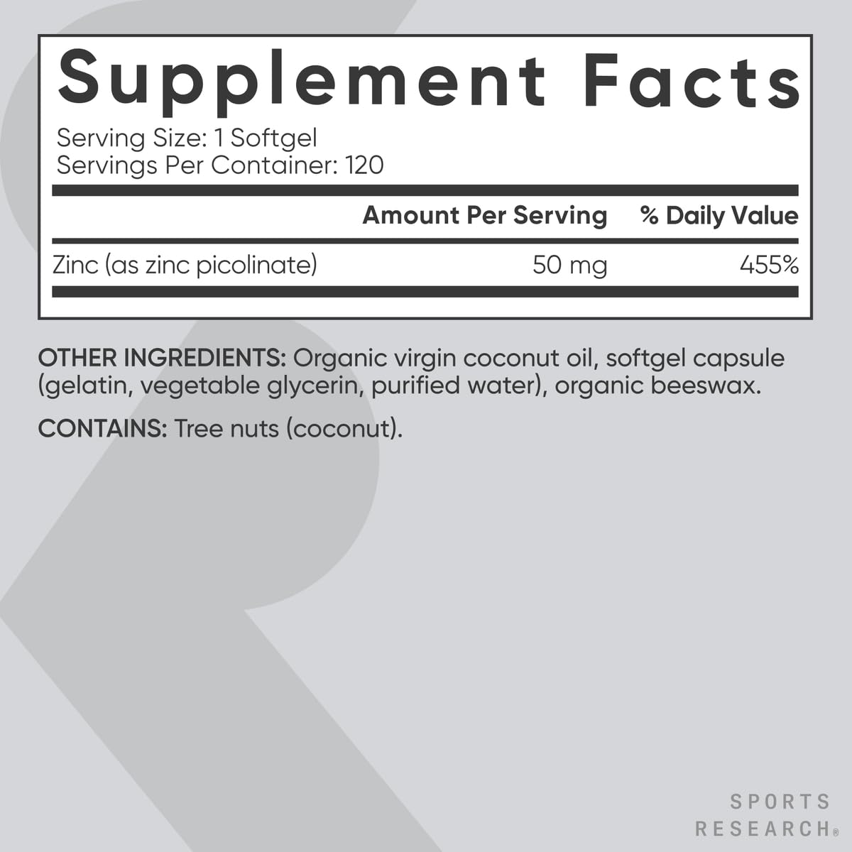 Sports Research Zinc Picolinate Liquid Softgels with Organic Virgin Coconut Oil