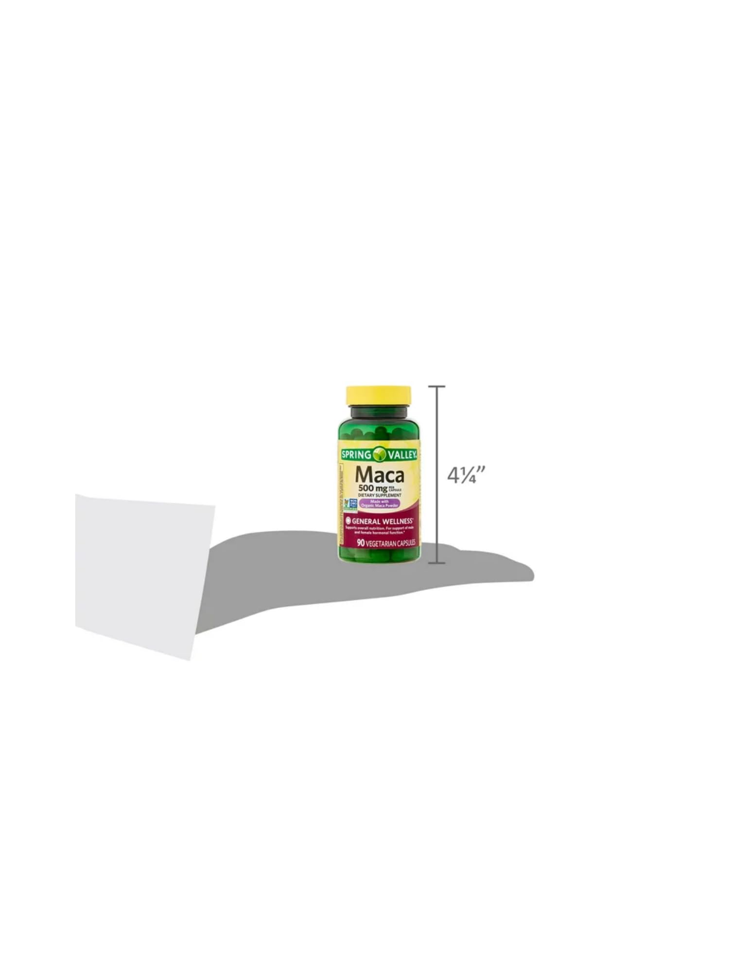 Spring Valley Maca capsules displayed with a measuring spoon