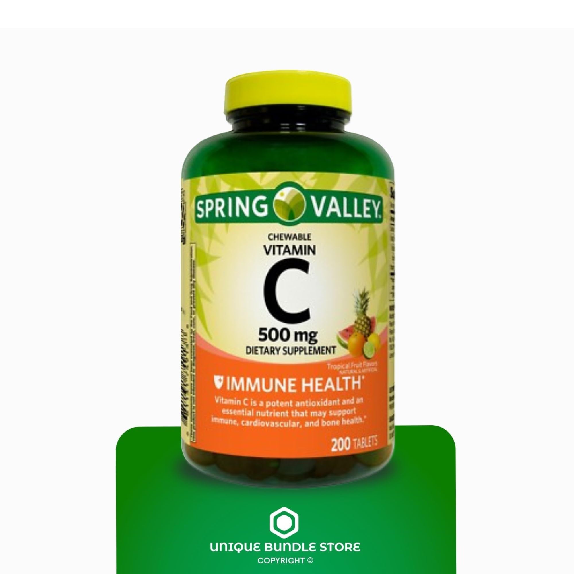 Spring Valley Vitamin C Chewable Tablets 500mg packaging with tropical fruit design