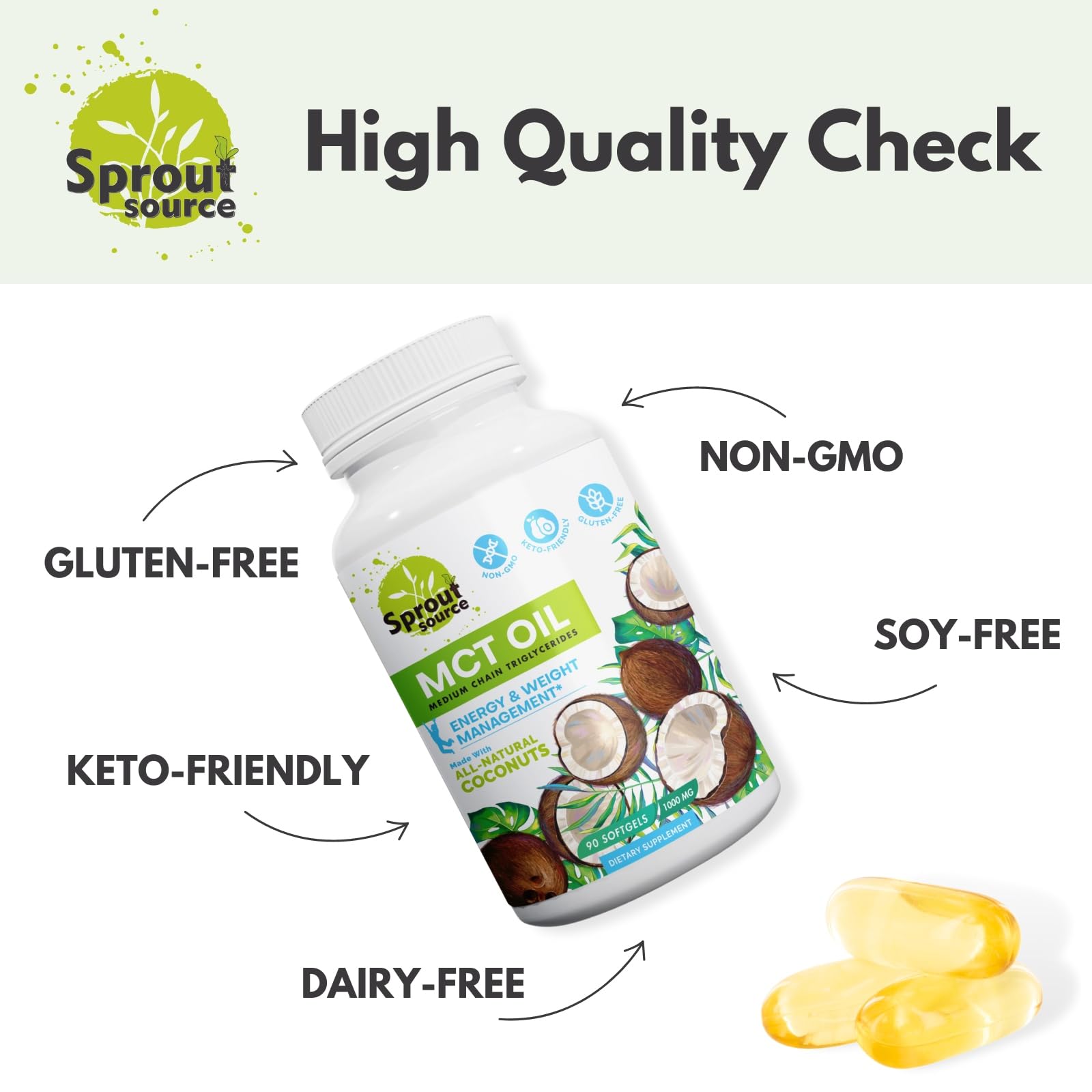 Sprout Source MCT Oil Capsules with organic coconut oil background