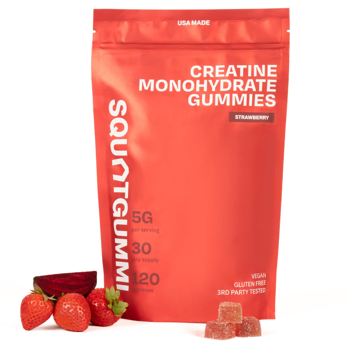 SquatGummi Creatine Gummies 5g strawberry flavour front view