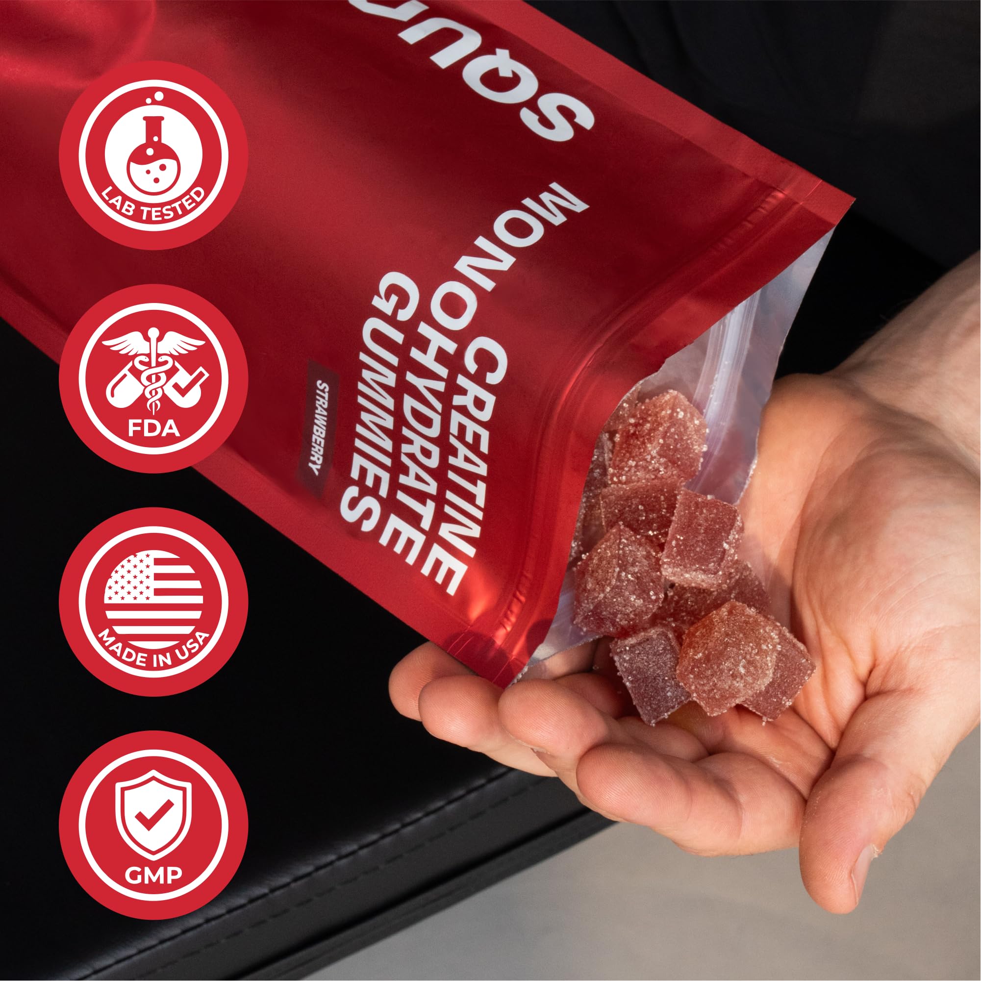 SquatGummi Creatine Gummies with a measuring scoop
