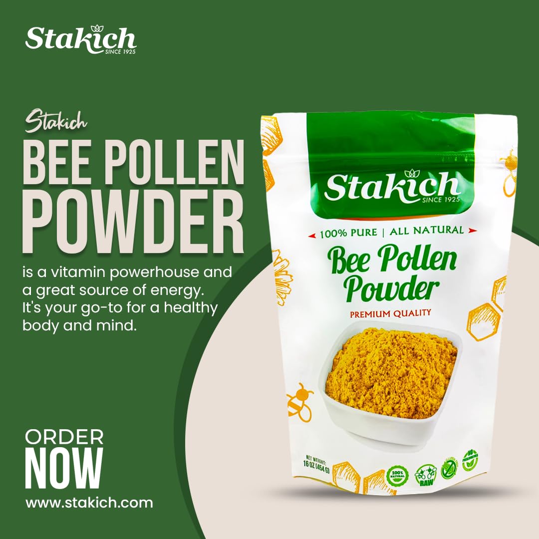 Stakich Bee Pollen Powder in a bowl with fruits