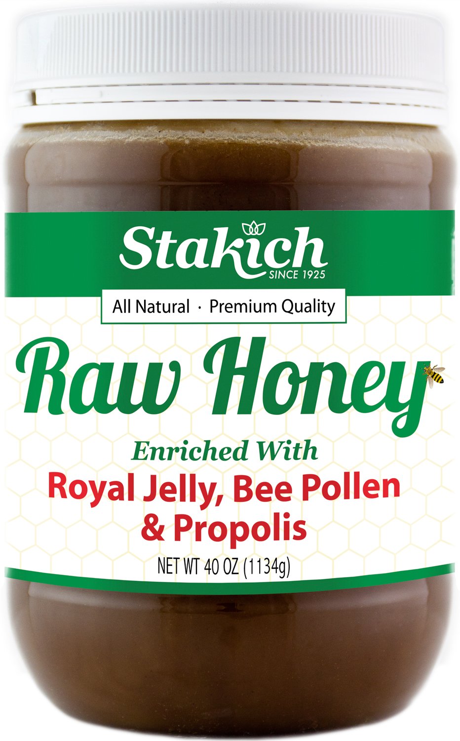 Stakich Royal Jelly Pure Raw Honey Blend 40 oz jar front view