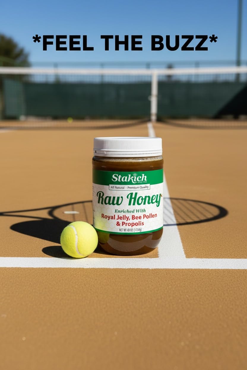 Stakich Royal Jelly Pure Raw Honey Blend 40 oz jar on kitchen counter