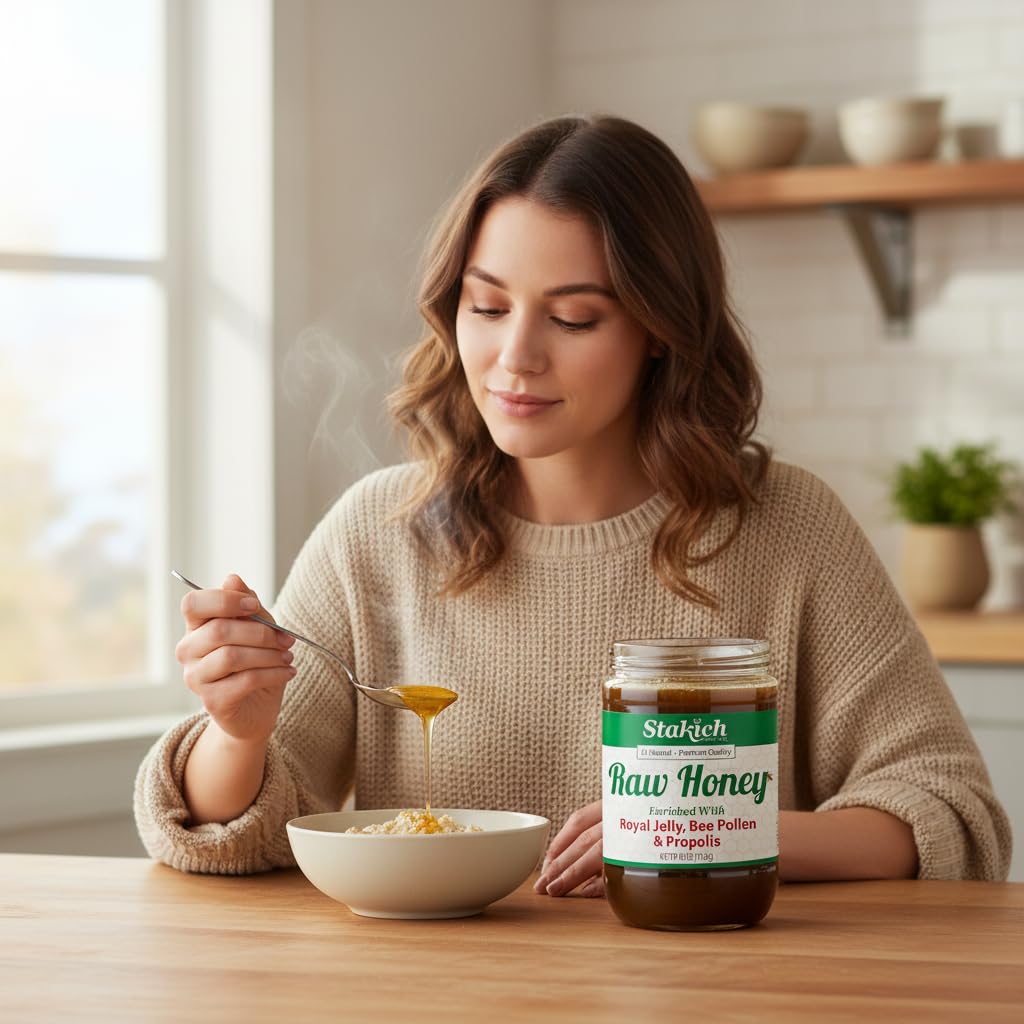Stakich Royal Jelly Pure Raw Honey Blend 40 oz jar open with honey