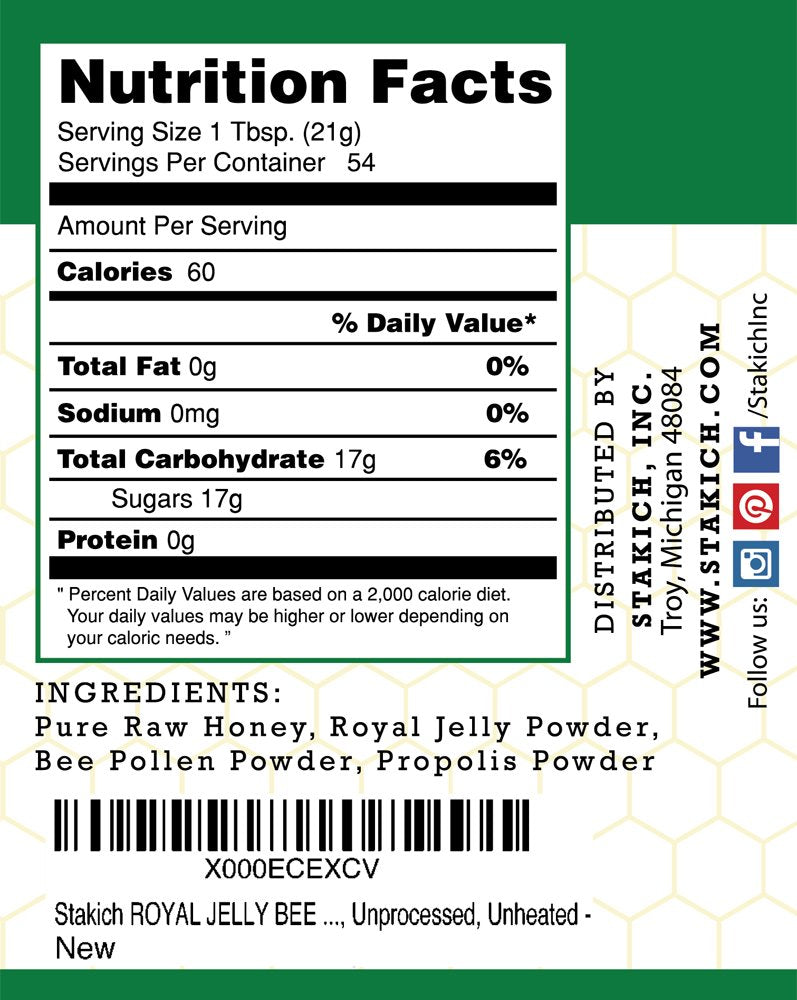 Stakich Royal Jelly Pure Raw Honey Blend 40 oz jar side view